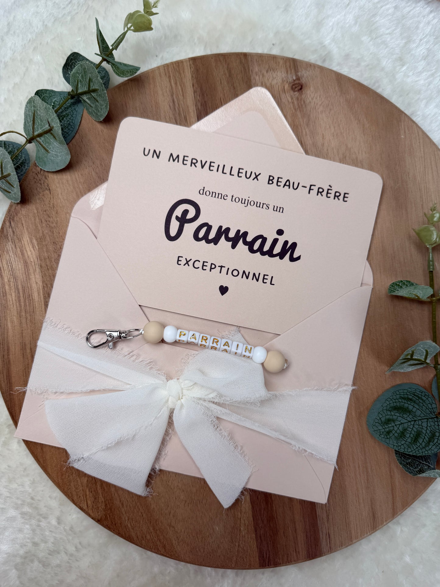 Annonce grossesse carte porte-clés parrain beige