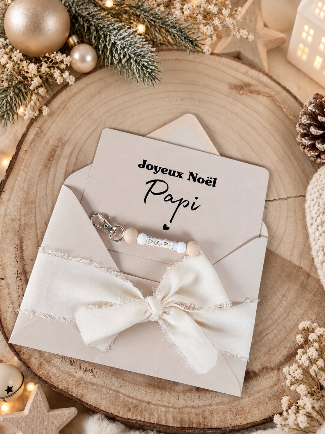 Annonce grossesse papi carte avec petit porte clés perles noel
