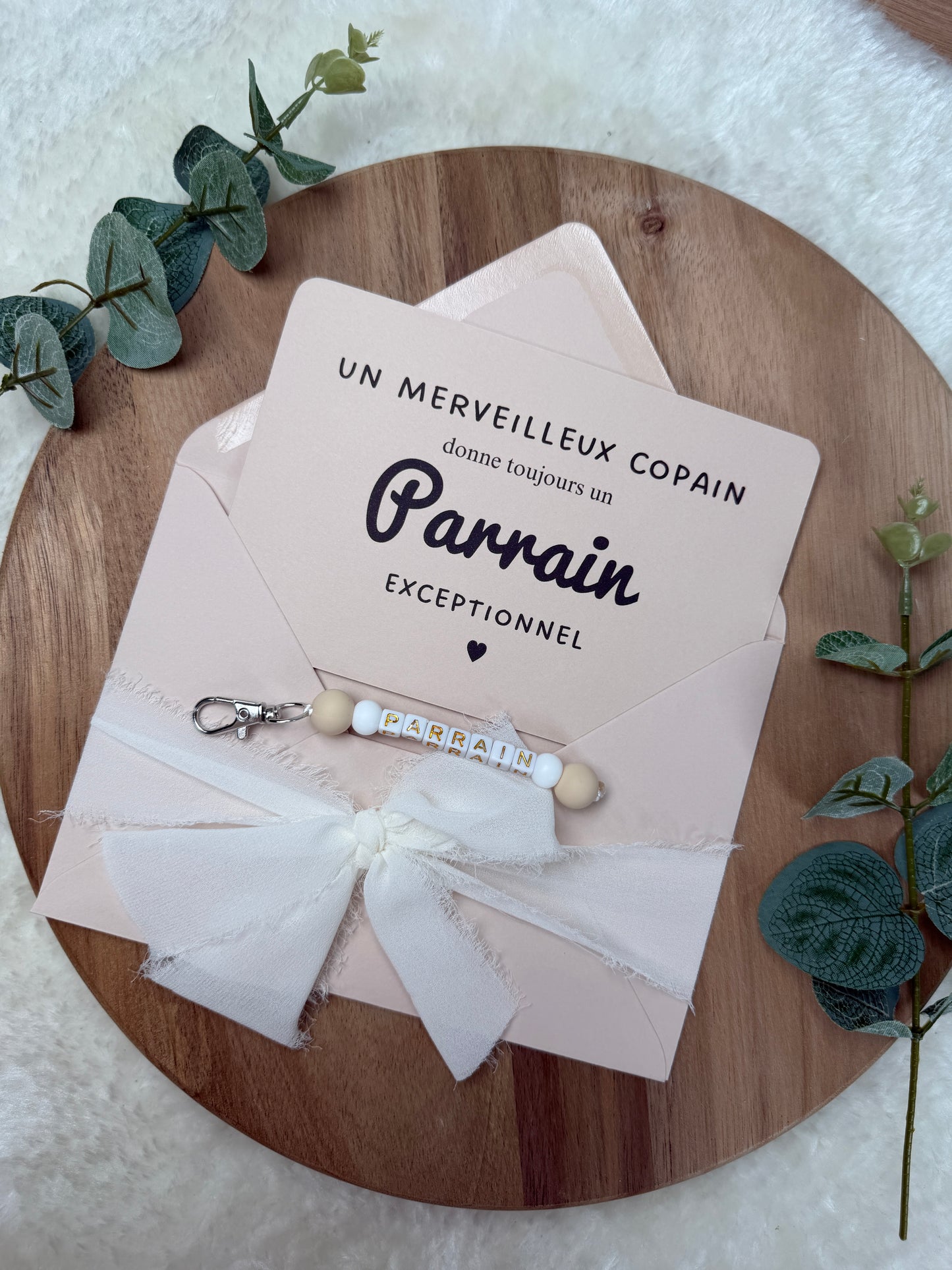 Annonce grossesse carte porte-clés parrain beige