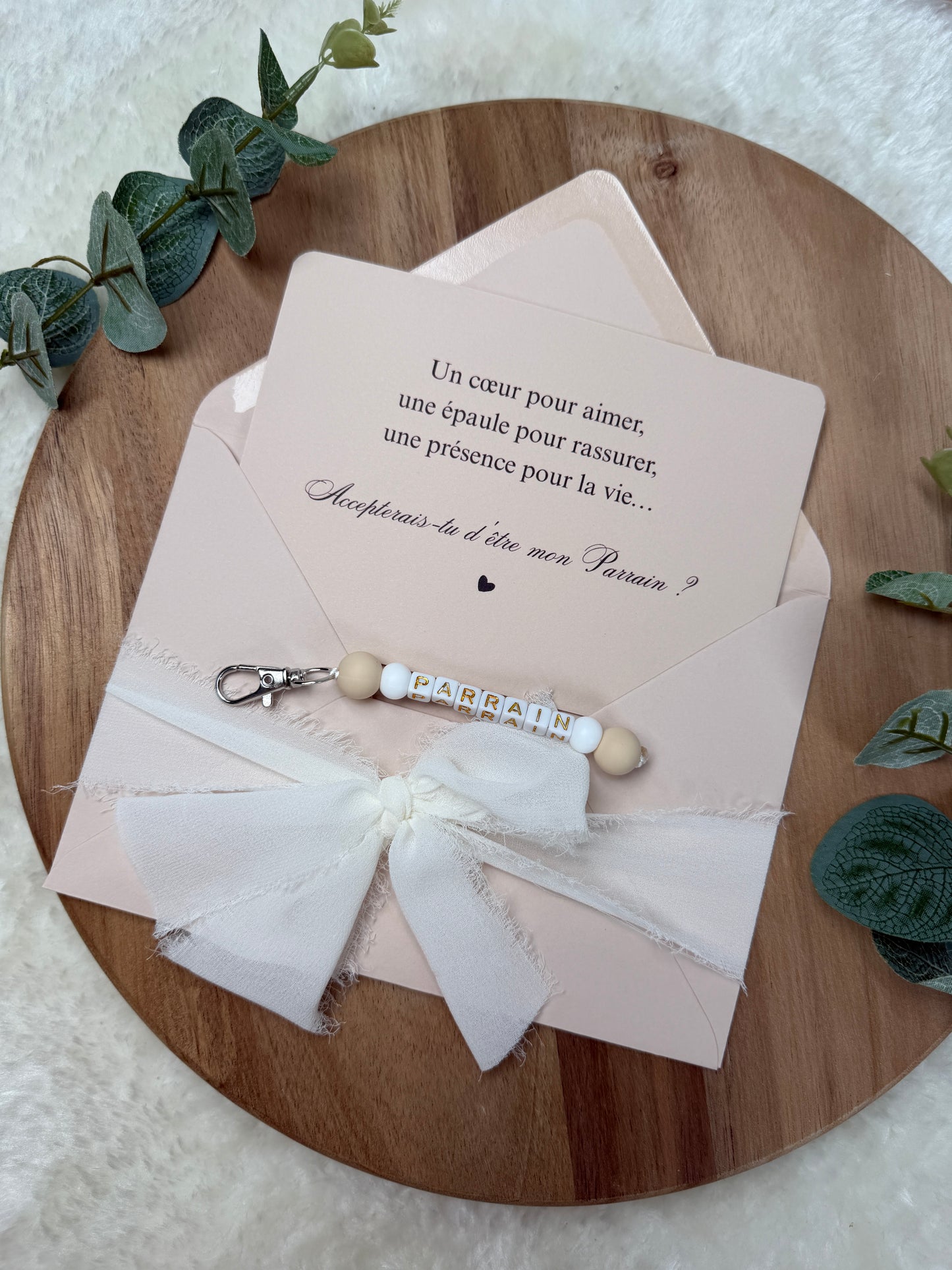 Annonce grossesse carte porte-clés parrain beige