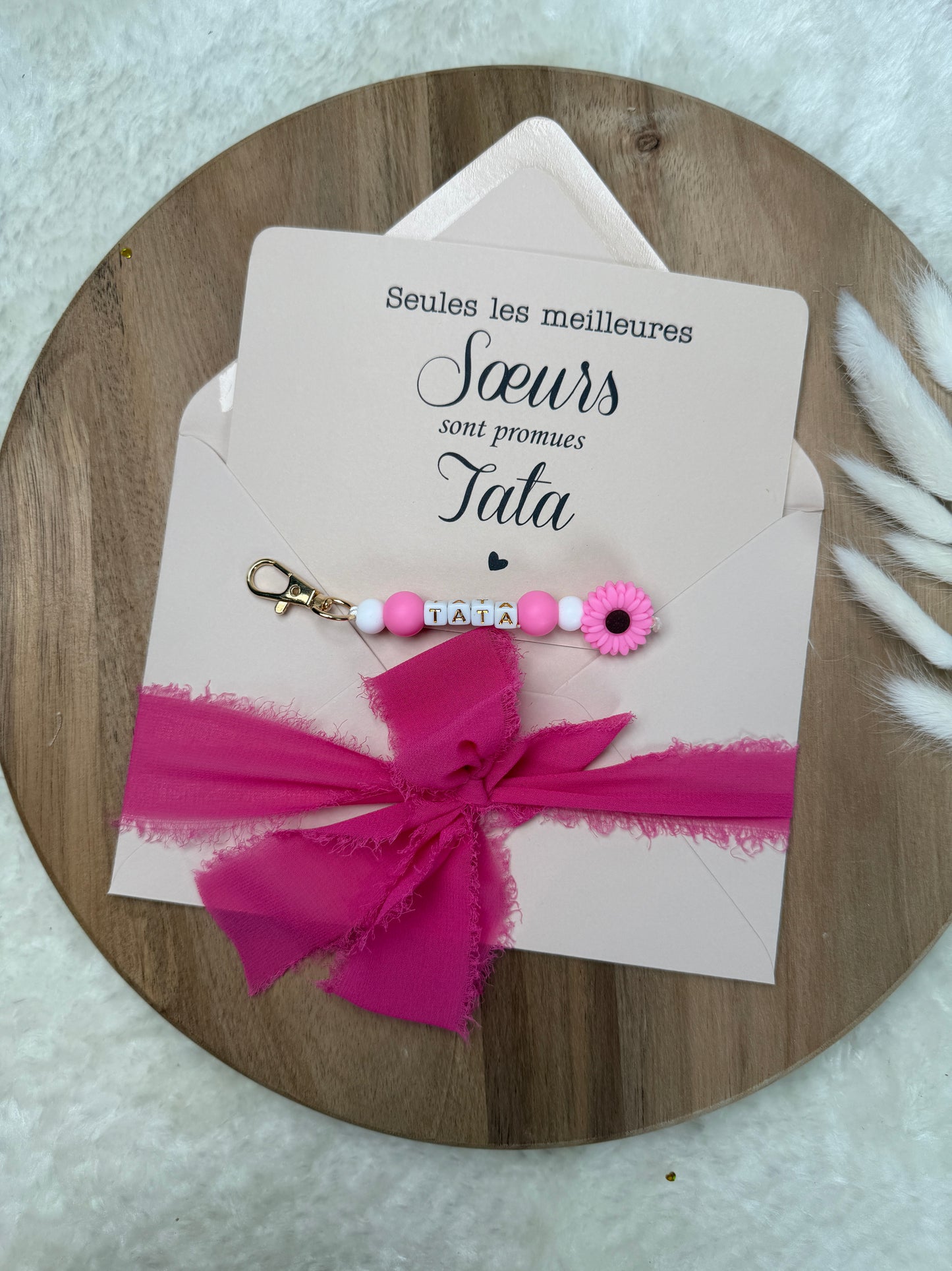 Annonce grossesse carte porte clé perle rose fuchsia