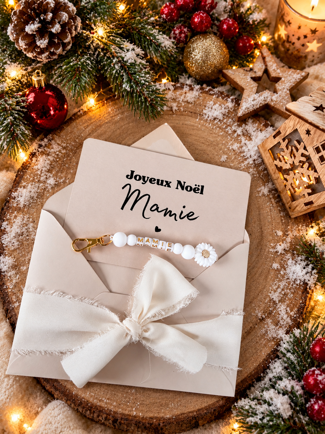 Annonce grossesse mamie carte avec petit porte clé en perles noel