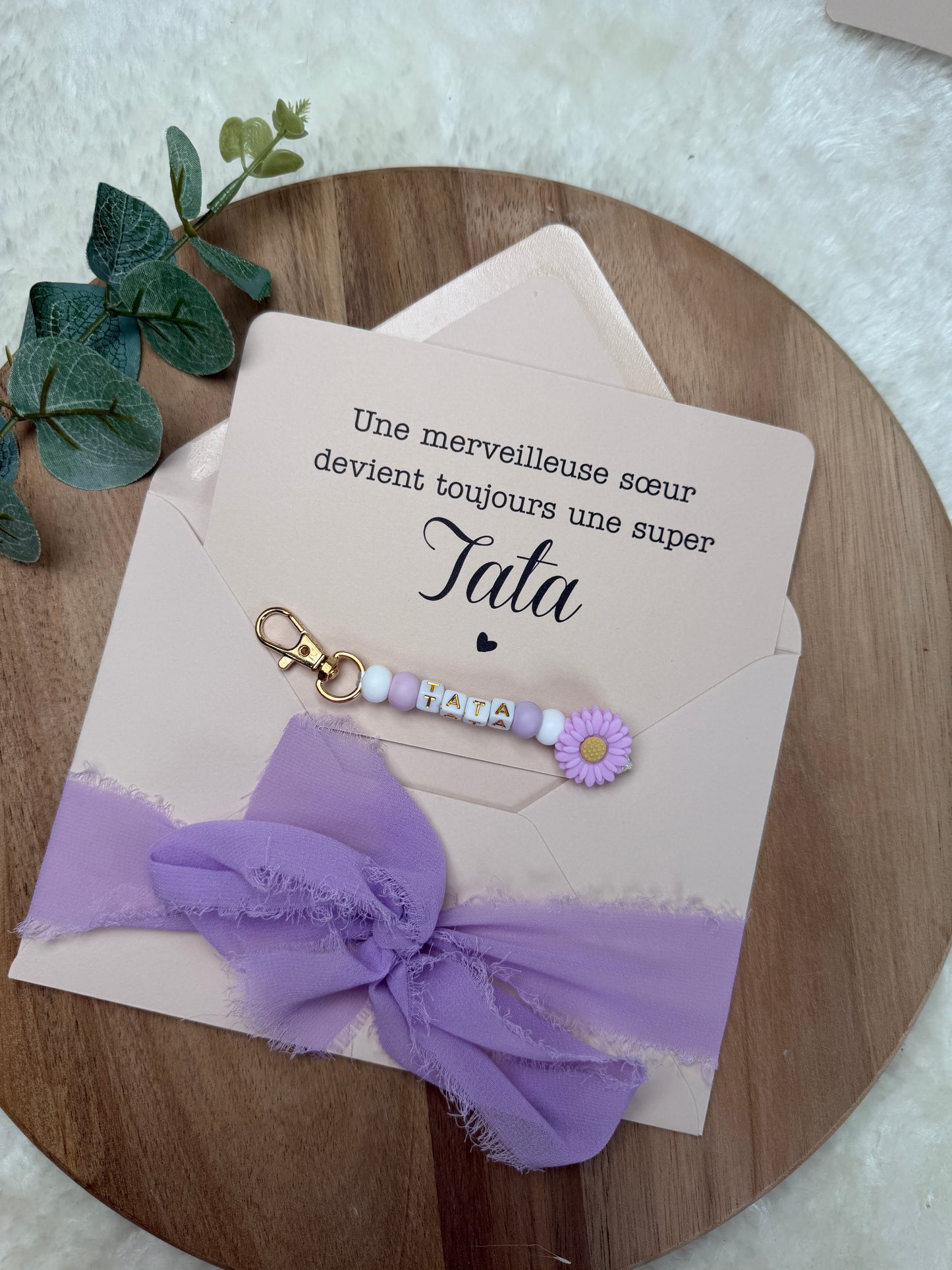 Annonce grossesse carte porte clé perle tata violet