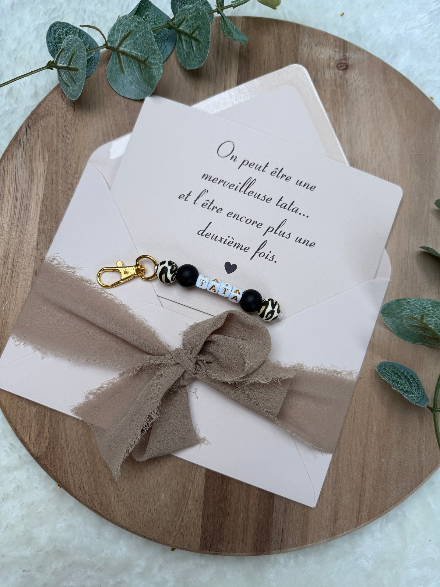 Annonce grossesse carte porte clé perle tata léopard