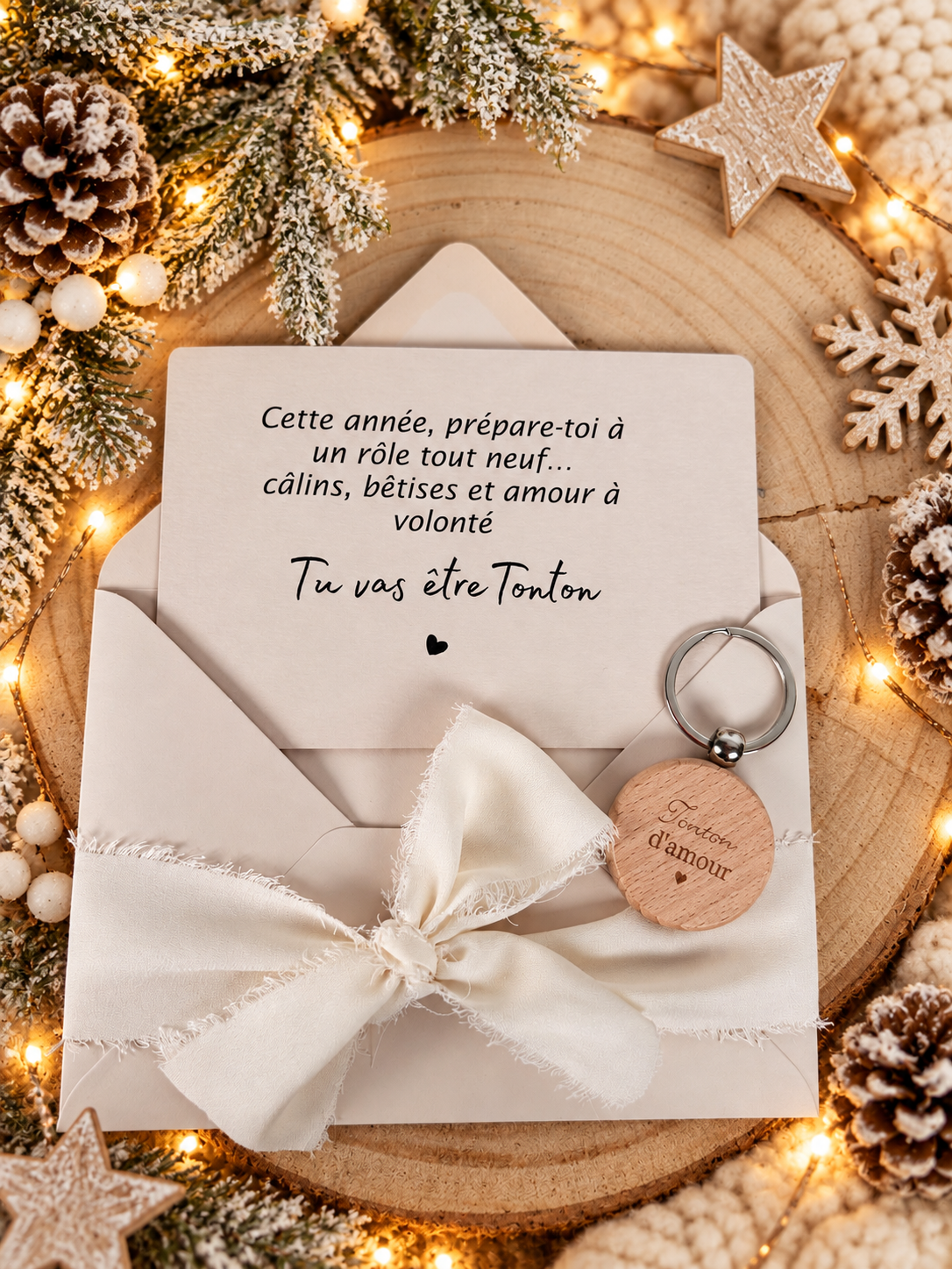 Annonce de grossesse décapsuleur/bouchon bouteille  et carte pour tonton d'amour beige noel