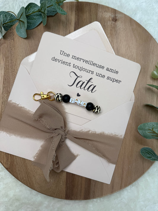 Annonce grossesse carte porte clé perle tata léopard