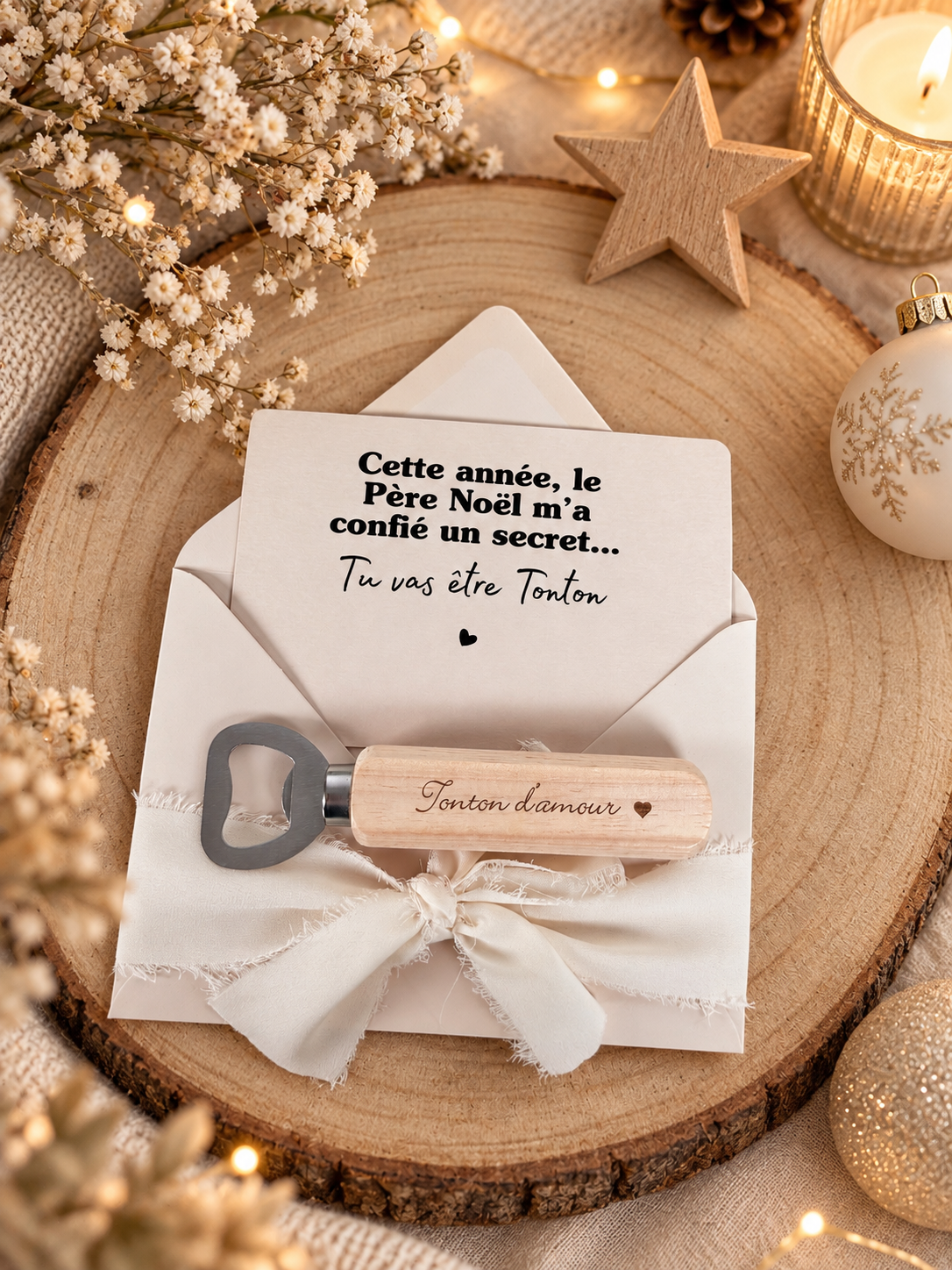 Annonce de grossesse décapsuleur/bouchon bouteille  et carte pour tonton d'amour beige noel