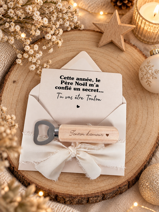 Annonce de grossesse décapsuleur/bouchon bouteille  et carte pour tonton d'amour beige noel