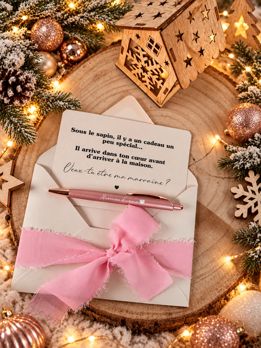 Annonce grossesse, demande marraine, blanc baptême, carte et stylo noel