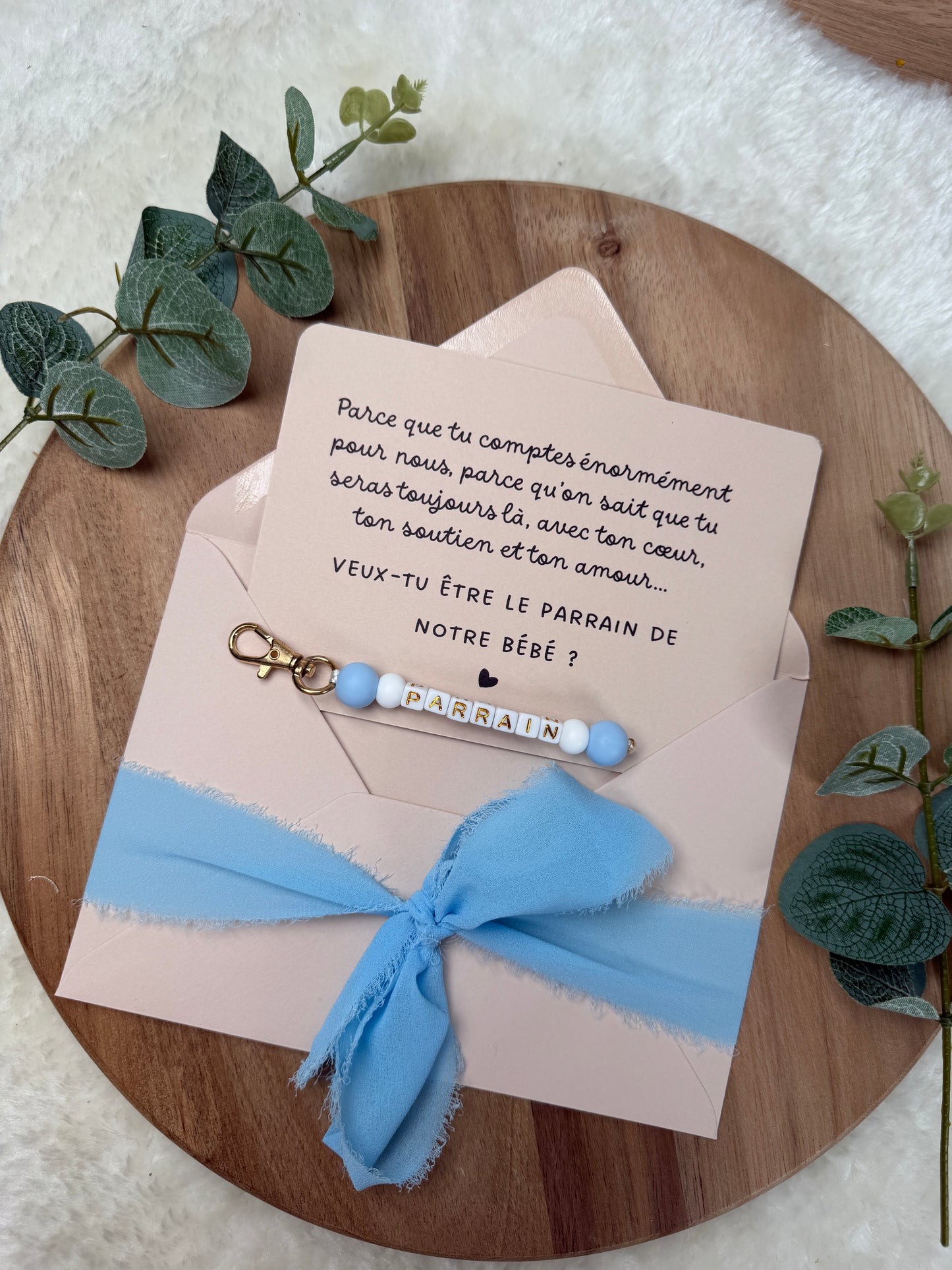 Annonce grossesse carte porte-clés parrain bleu ciel