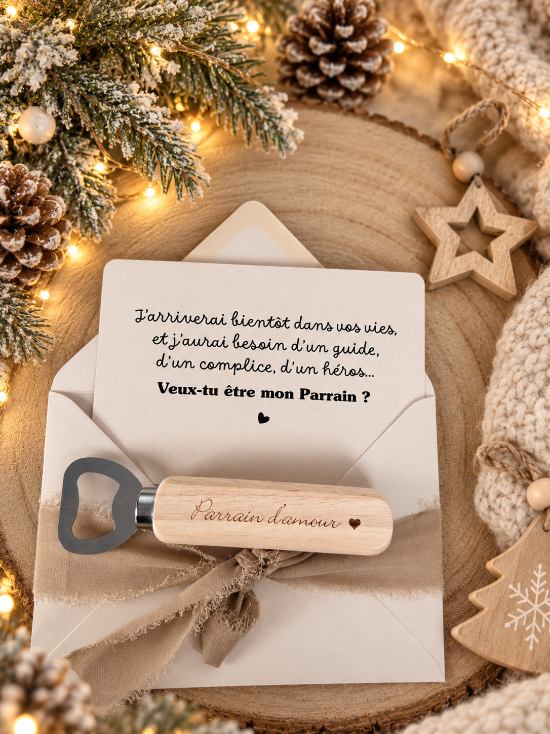 Annonce grossesse, demande parrain carte décapsuleur simple ou porte clé noel
