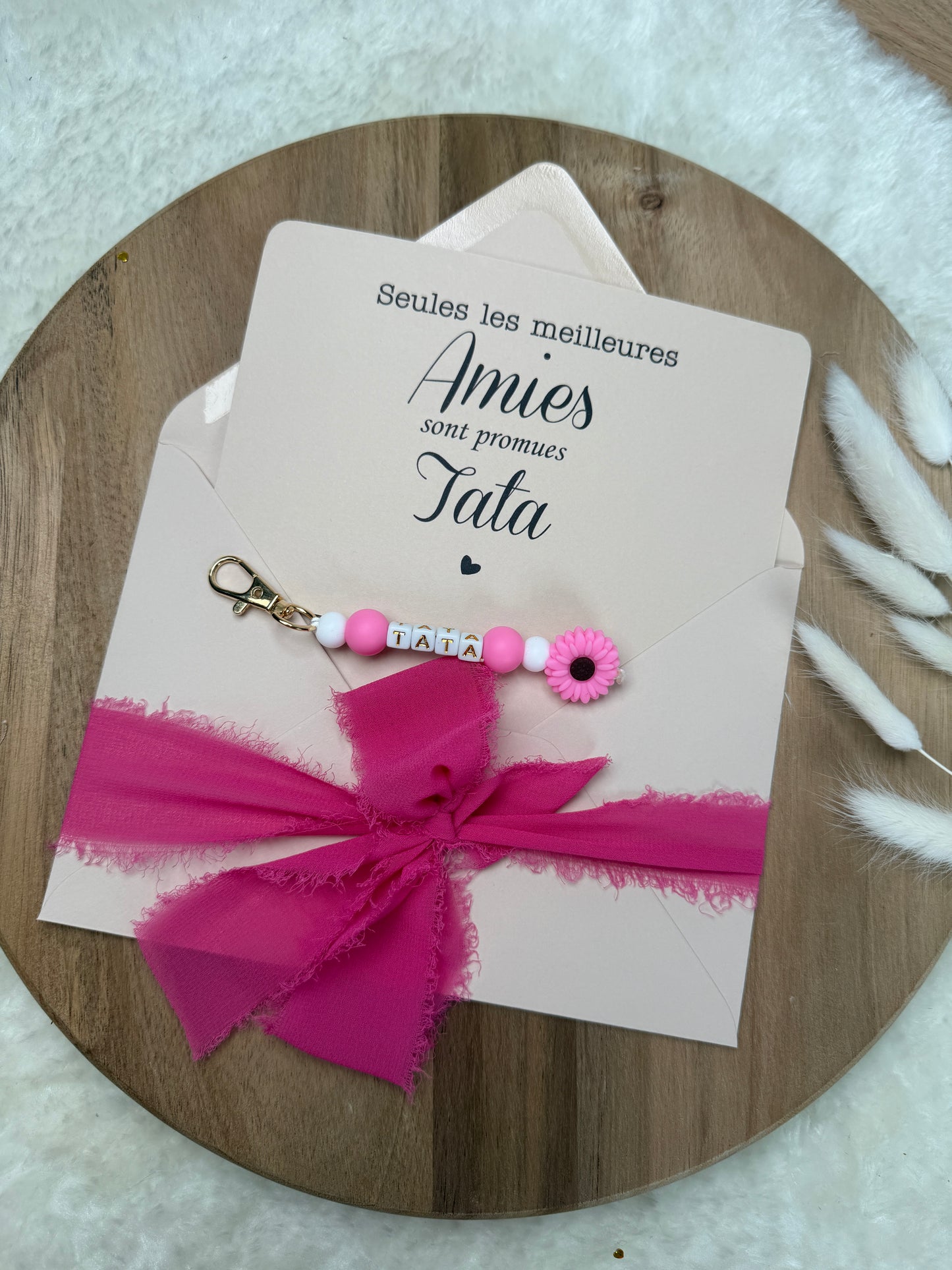 Annonce grossesse carte porte clé perle rose fuchsia