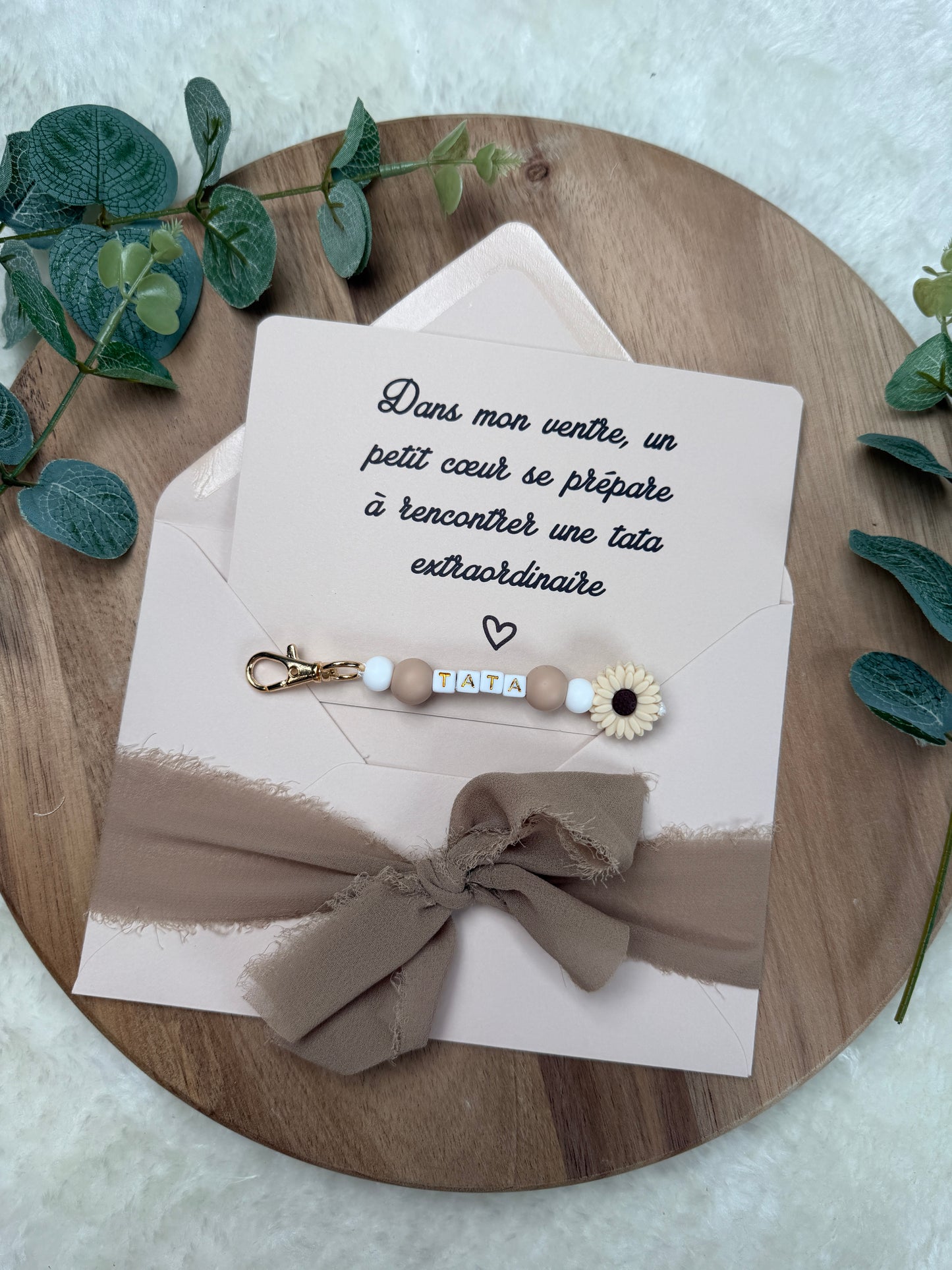 Annonce grossesse carte porte clé perle tata marron