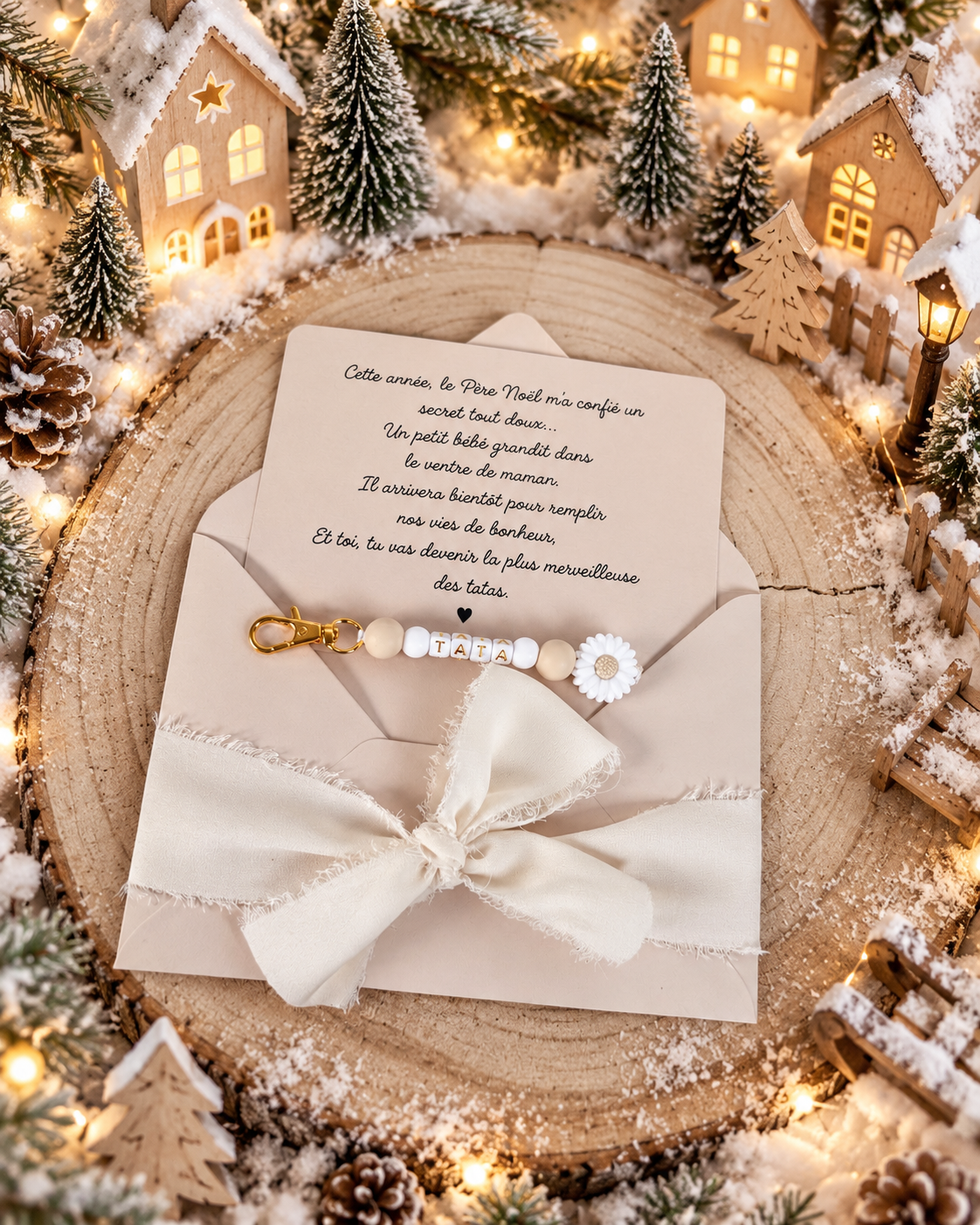 Annonce grossesse carte porte clé perle tata beige noel