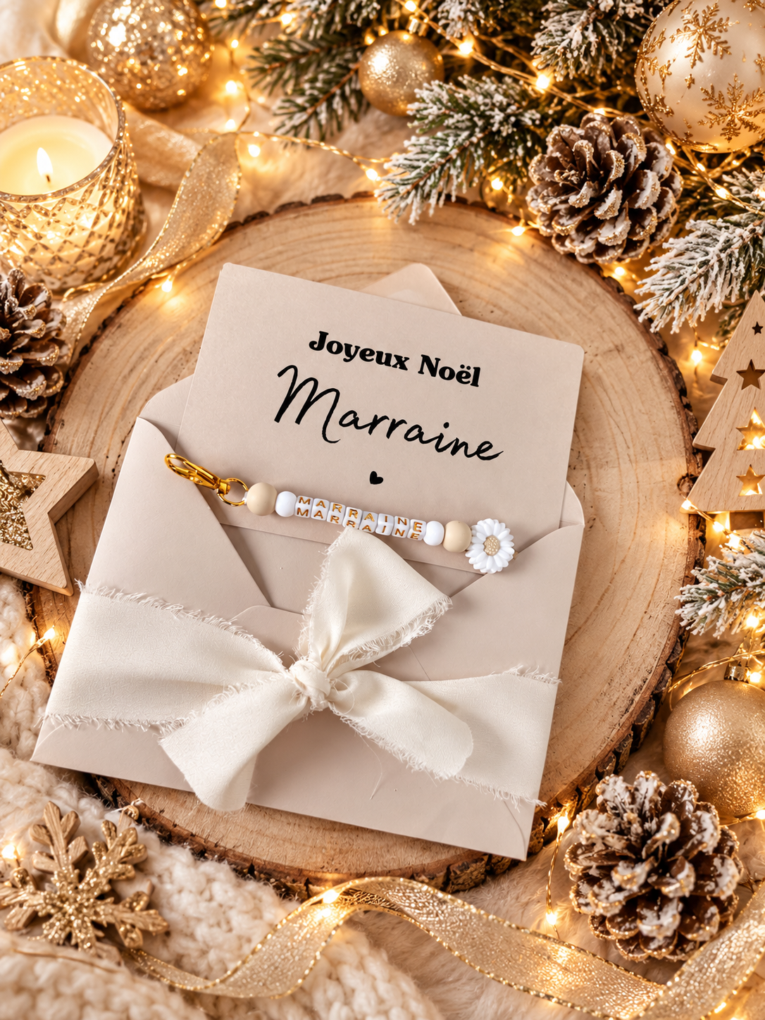 Annonce grossesse, demande marraine, blanc baptême, carte et porte clé en perles noel
