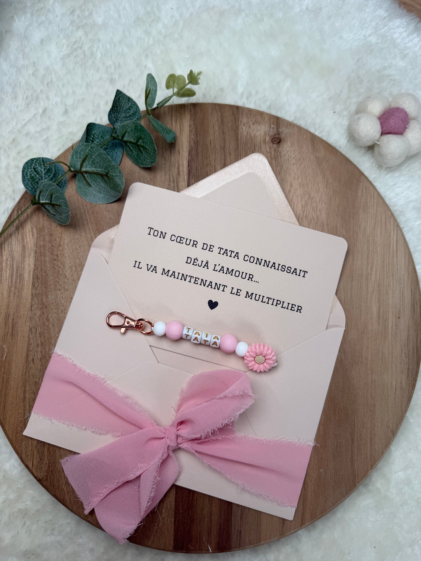 Annonce grossesse carte porte clé perle tata rose
