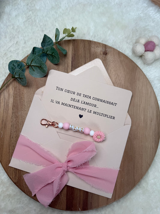 Annonce grossesse carte porte clé perle tata rose