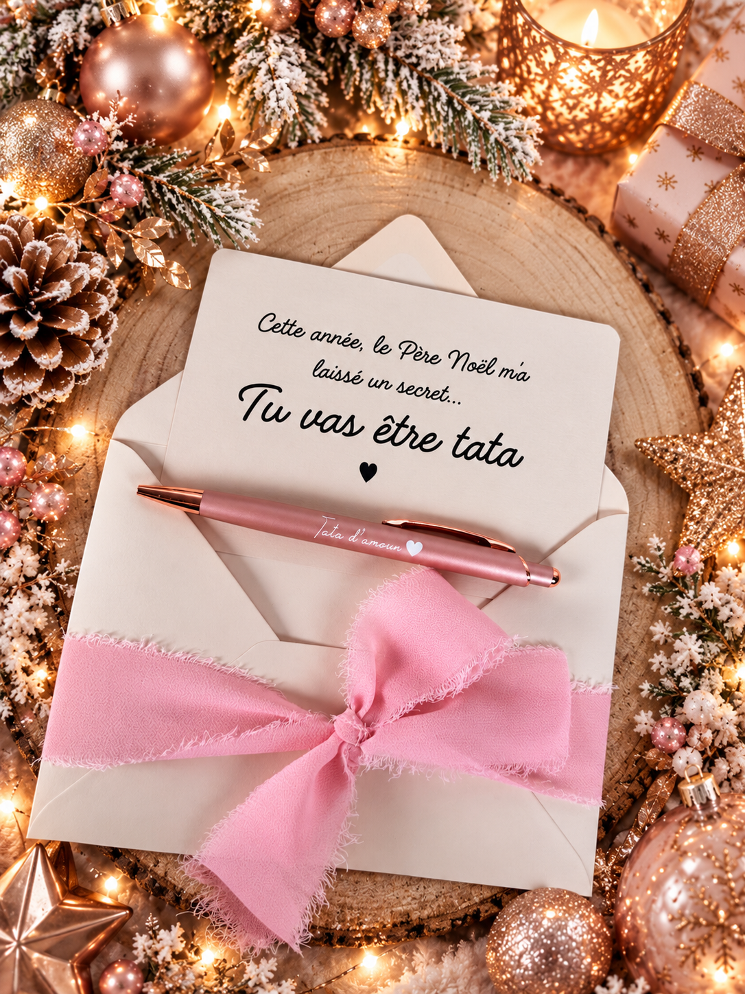Annonce grossesse carte stylo tata beige Noël