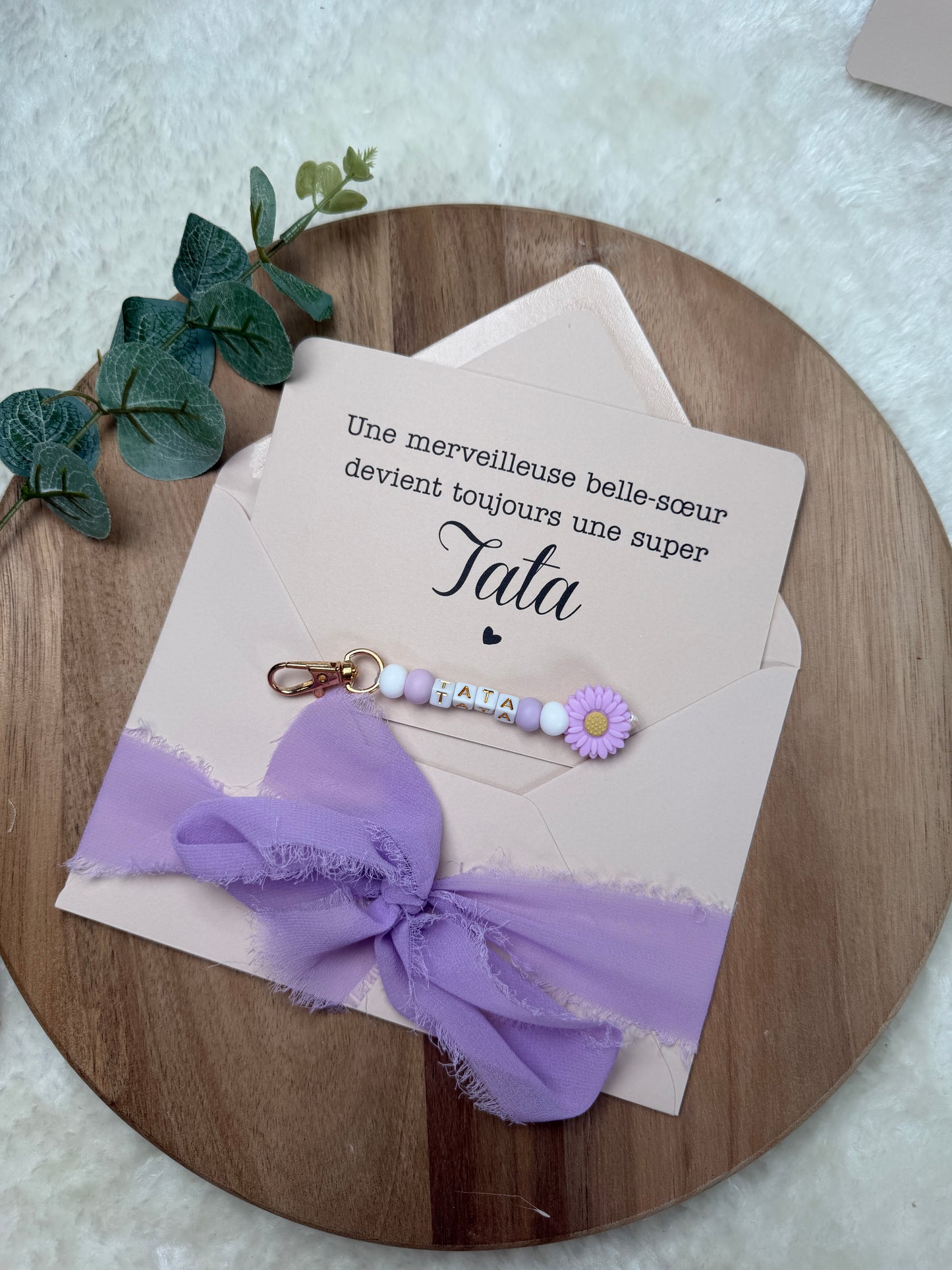 Annonce grossesse carte porte clé perle tata violet