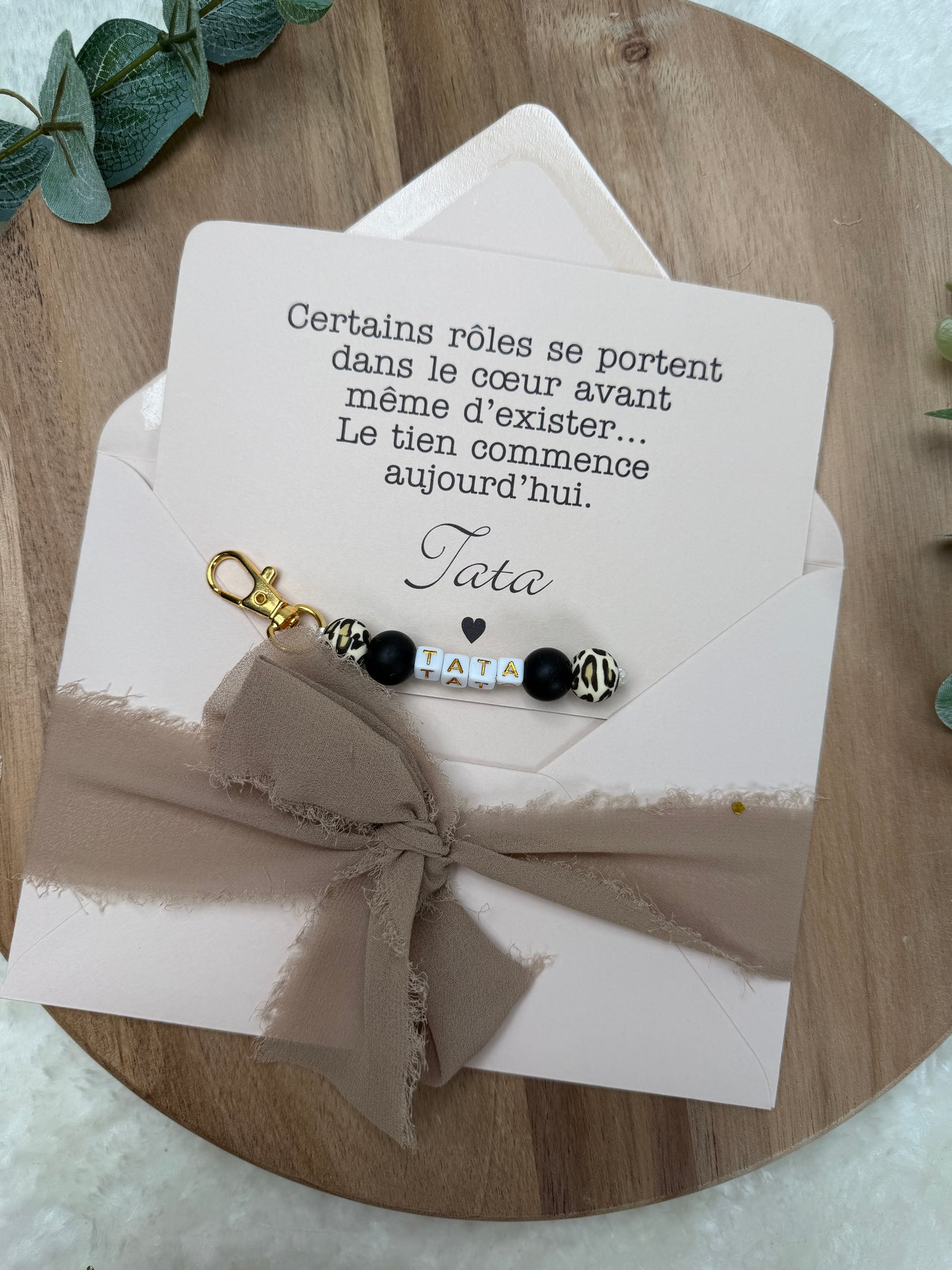 Annonce grossesse carte porte clé perle tata léopard