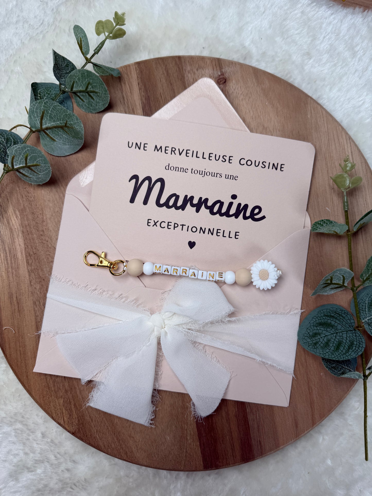Annonce grossesse, demande marraine, blanc baptême, carte et porte clé en perles