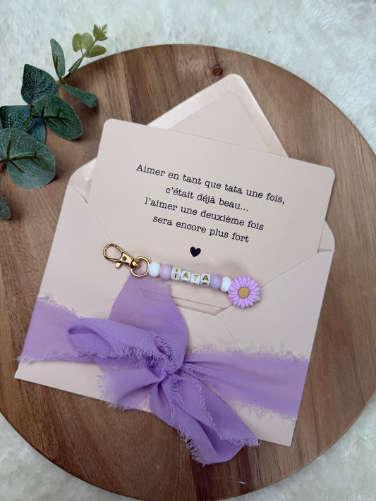 Annonce grossesse carte porte clé perle tata violet