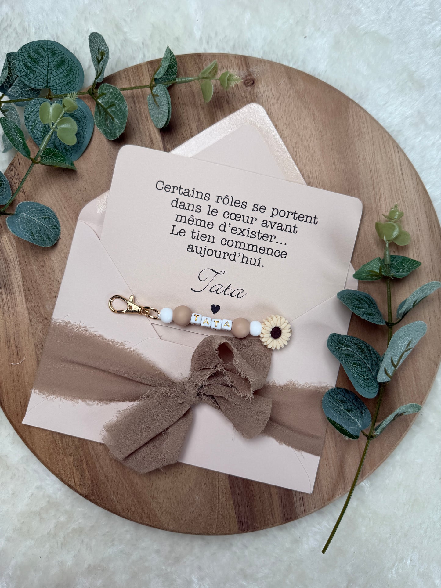Annonce grossesse carte porte clé perle tata marron