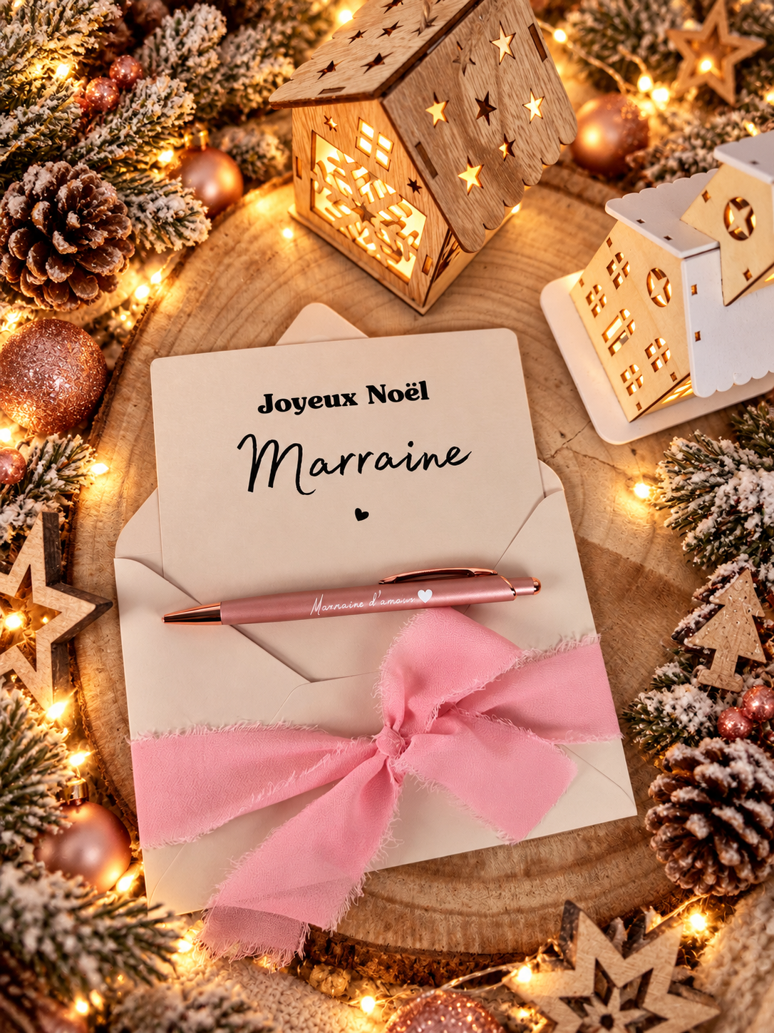 Annonce grossesse, demande marraine, blanc baptême, carte et stylo noel