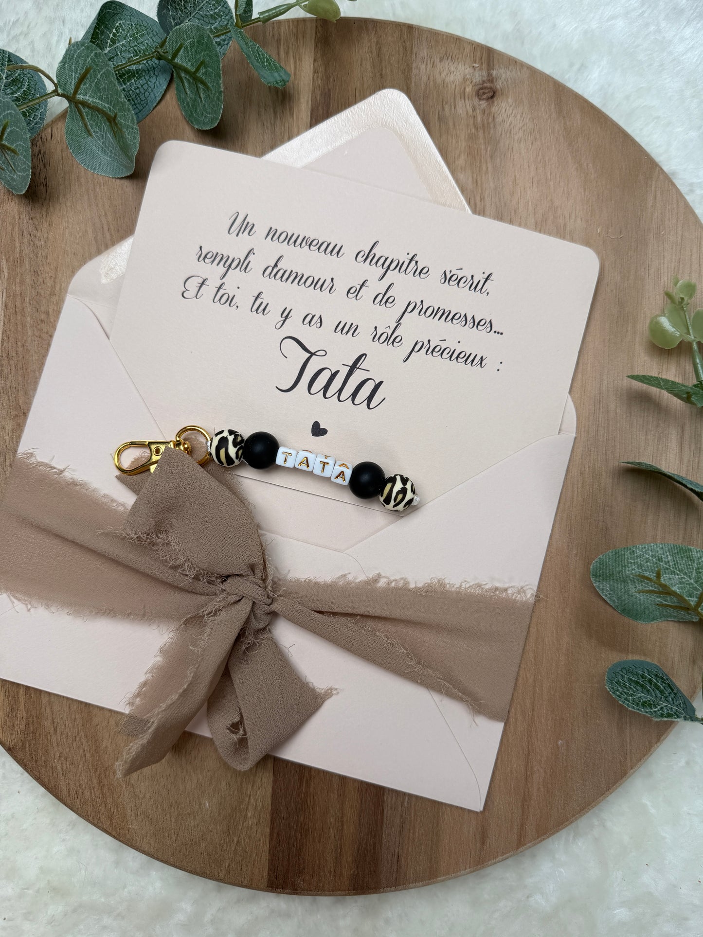 Annonce grossesse carte porte clé perle tata léopard