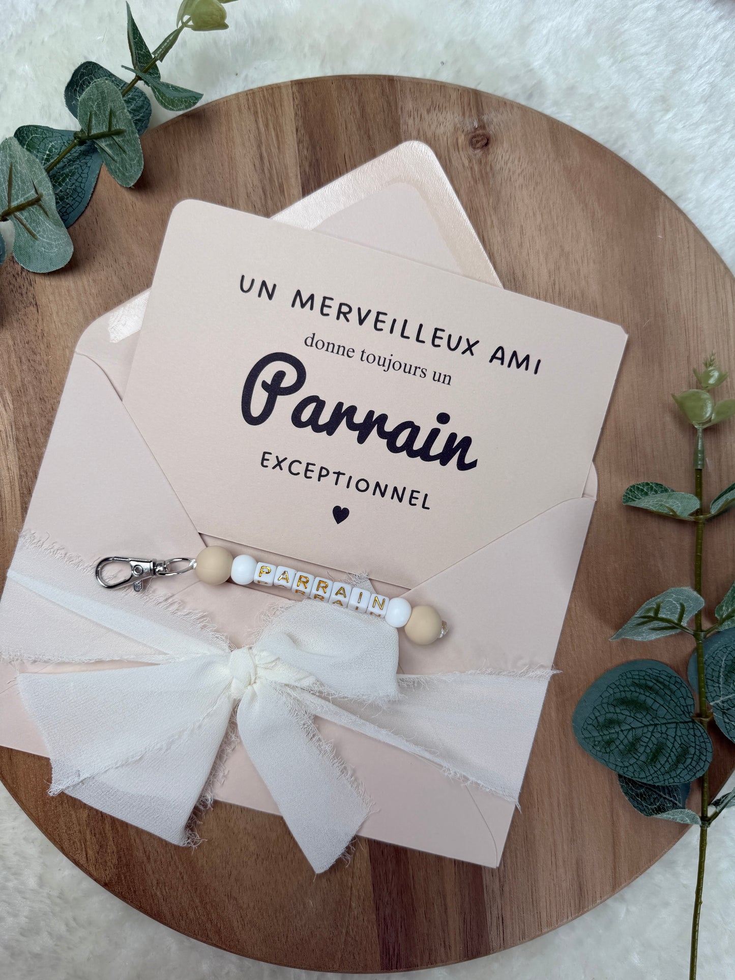 Annonce grossesse carte porte-clés parrain beige