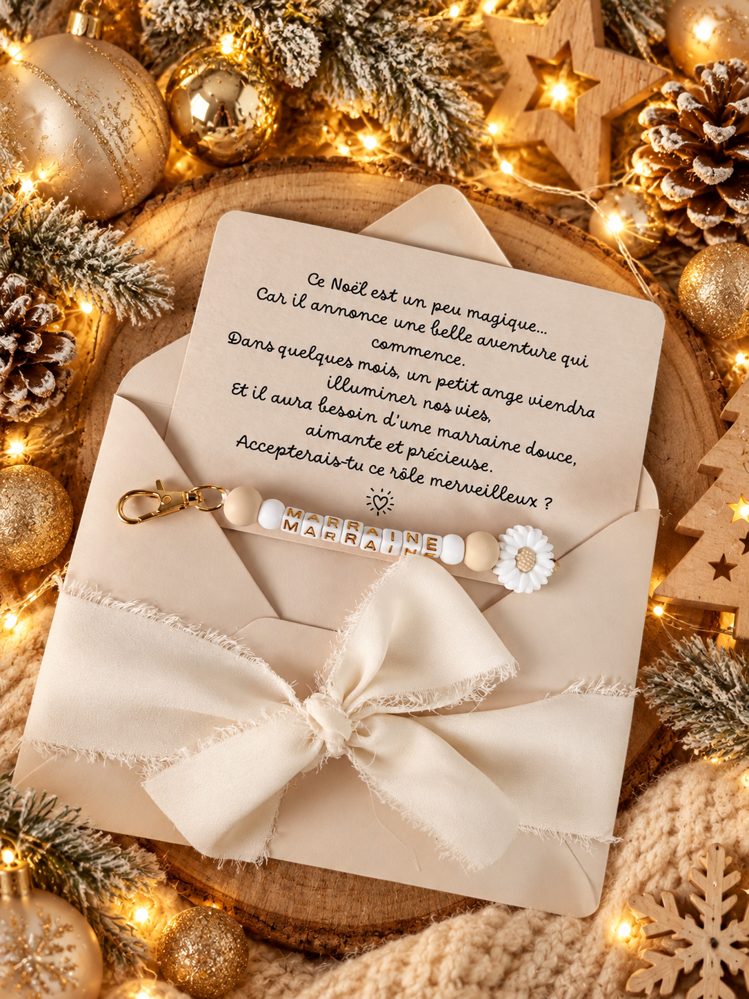 Annonce grossesse, demande marraine, blanc baptême, carte et porte clé en perles noel
