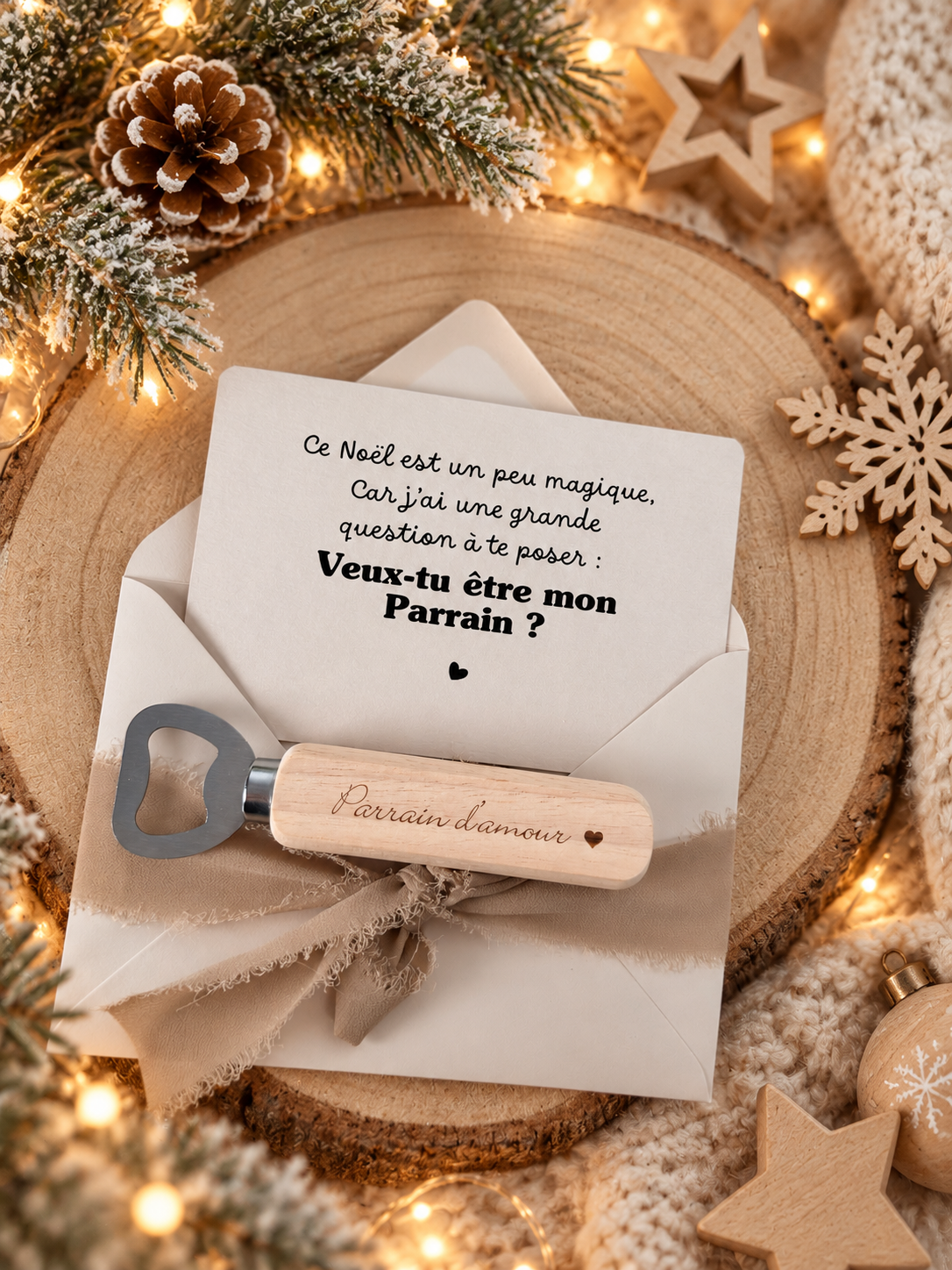 Annonce grossesse, demande parrain carte décapsuleur simple ou porte clé noel