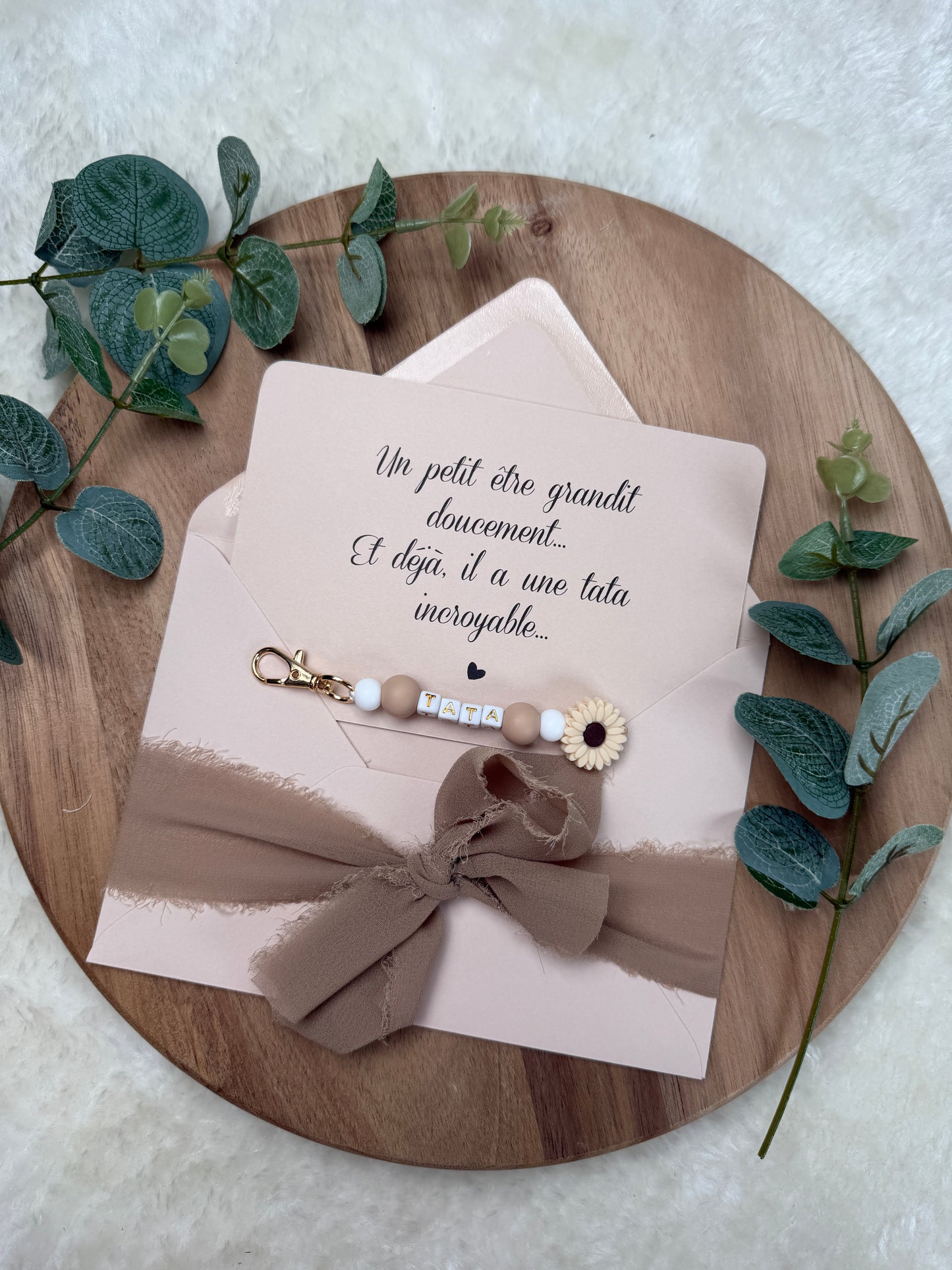 Annonce grossesse carte porte clé perle tata marron