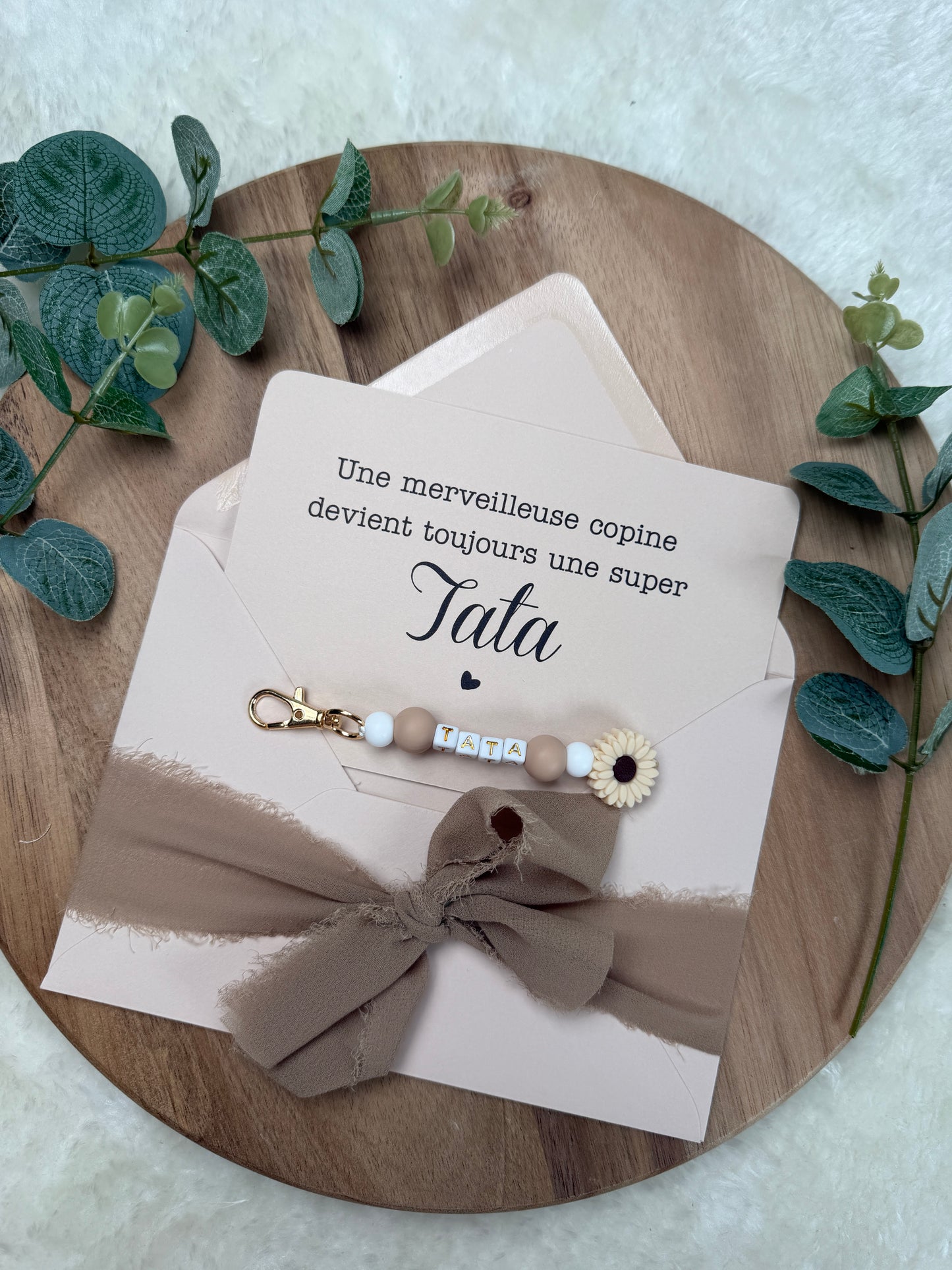 Annonce grossesse carte porte clé perle tata marron