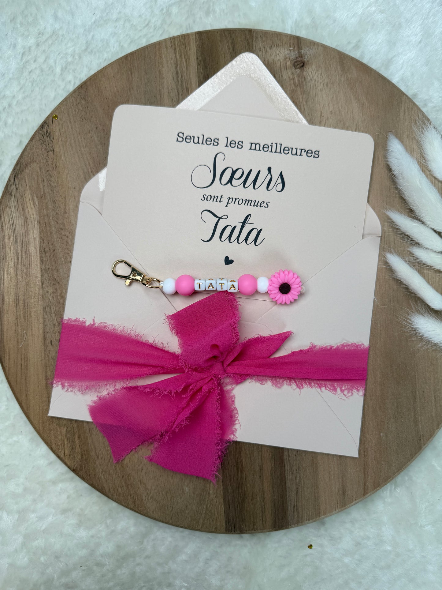 Annonce grossesse carte porte clé perle rose fuchsia