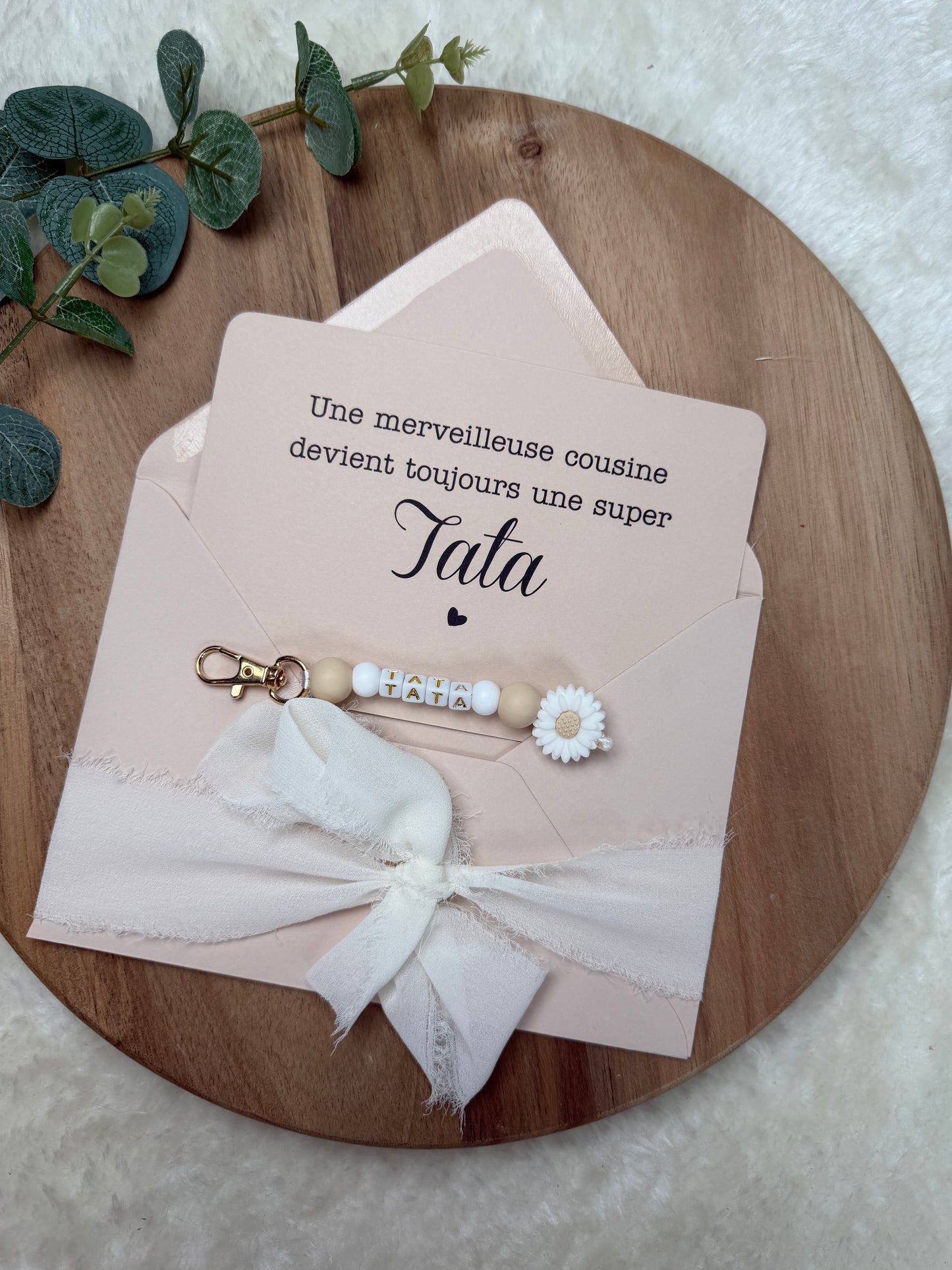 Annonce grossesse carte porte clé perle tata beige