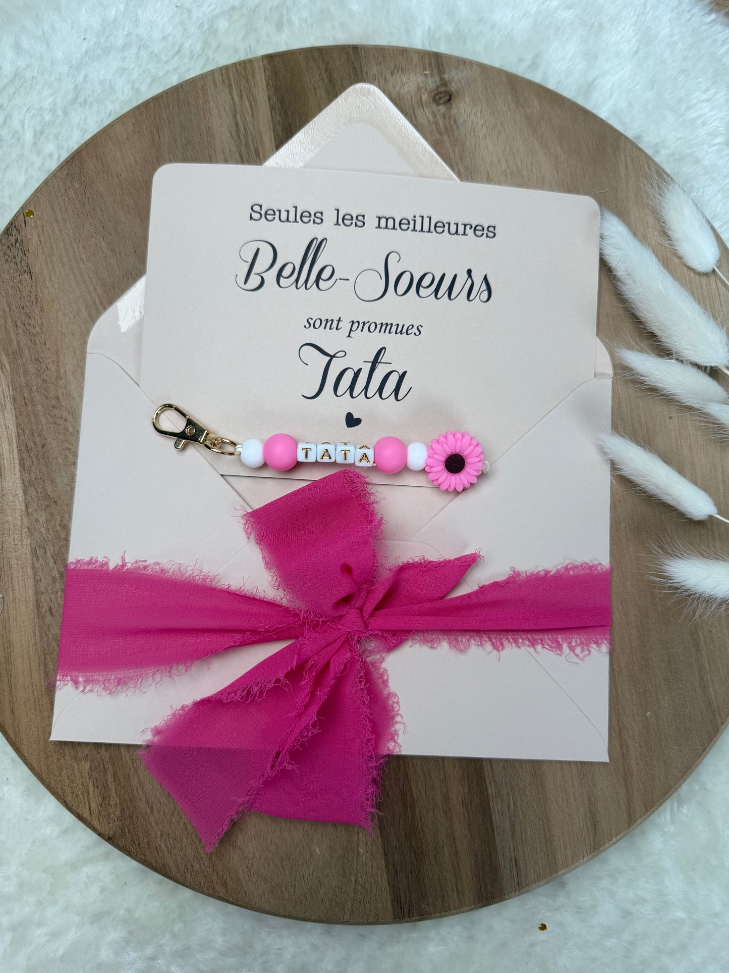 Annonce grossesse carte porte clé perle rose fuchsia