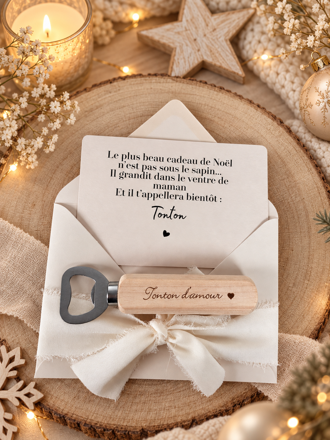 Annonce de grossesse décapsuleur/bouchon bouteille  et carte pour tonton d'amour beige noel