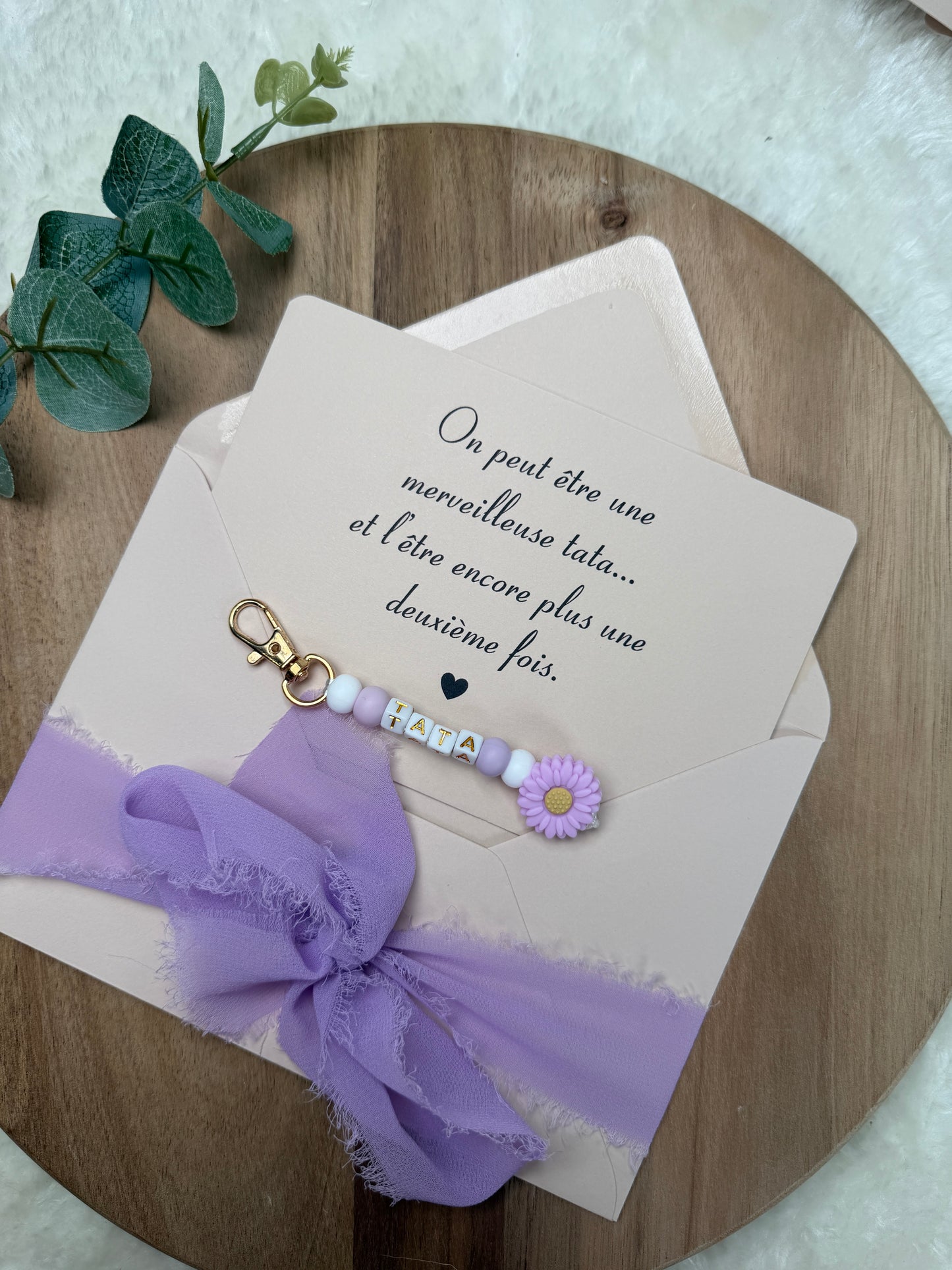 Annonce grossesse carte porte clé perle tata violet