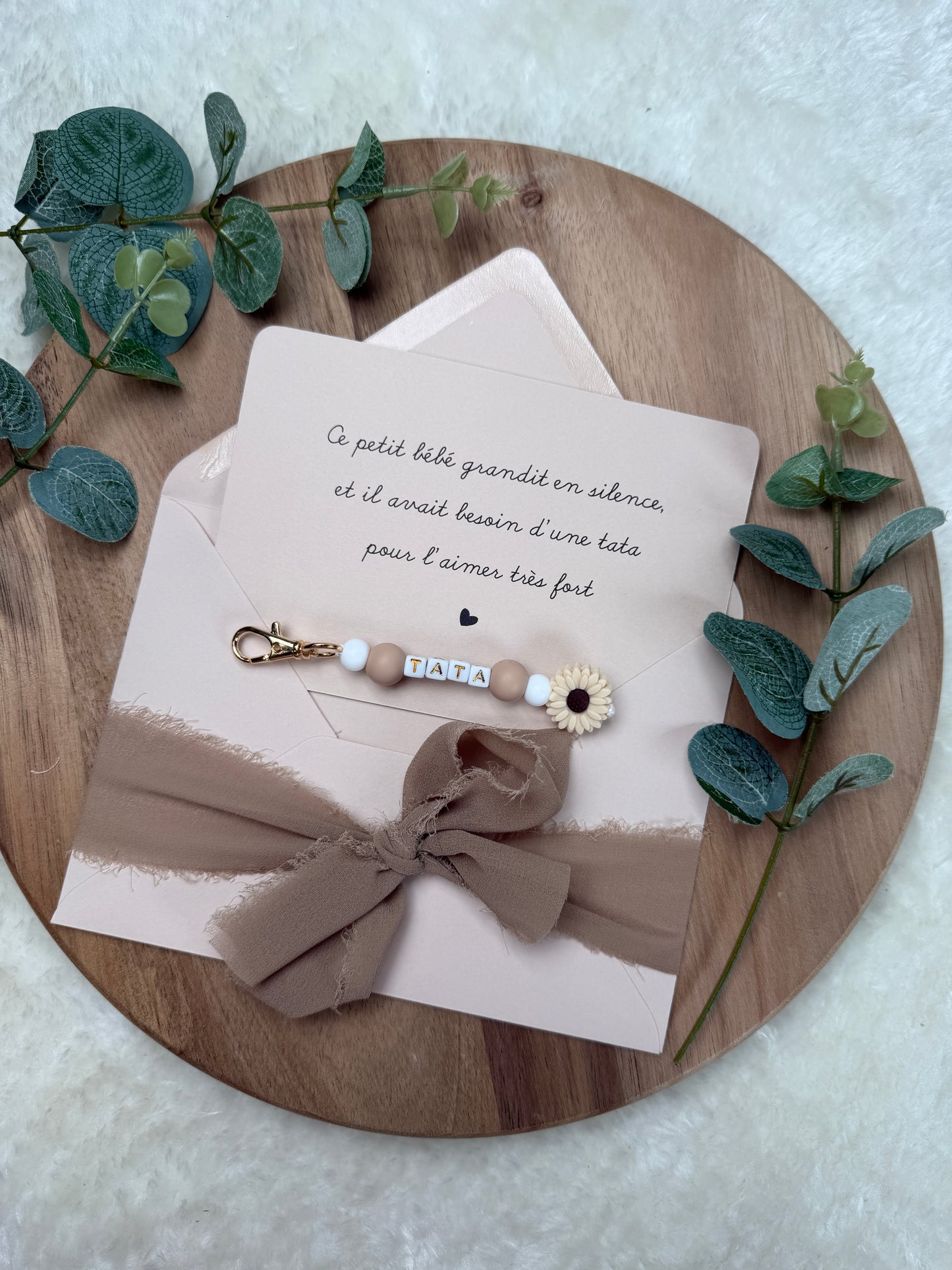 Annonce grossesse carte porte clé perle tata marron
