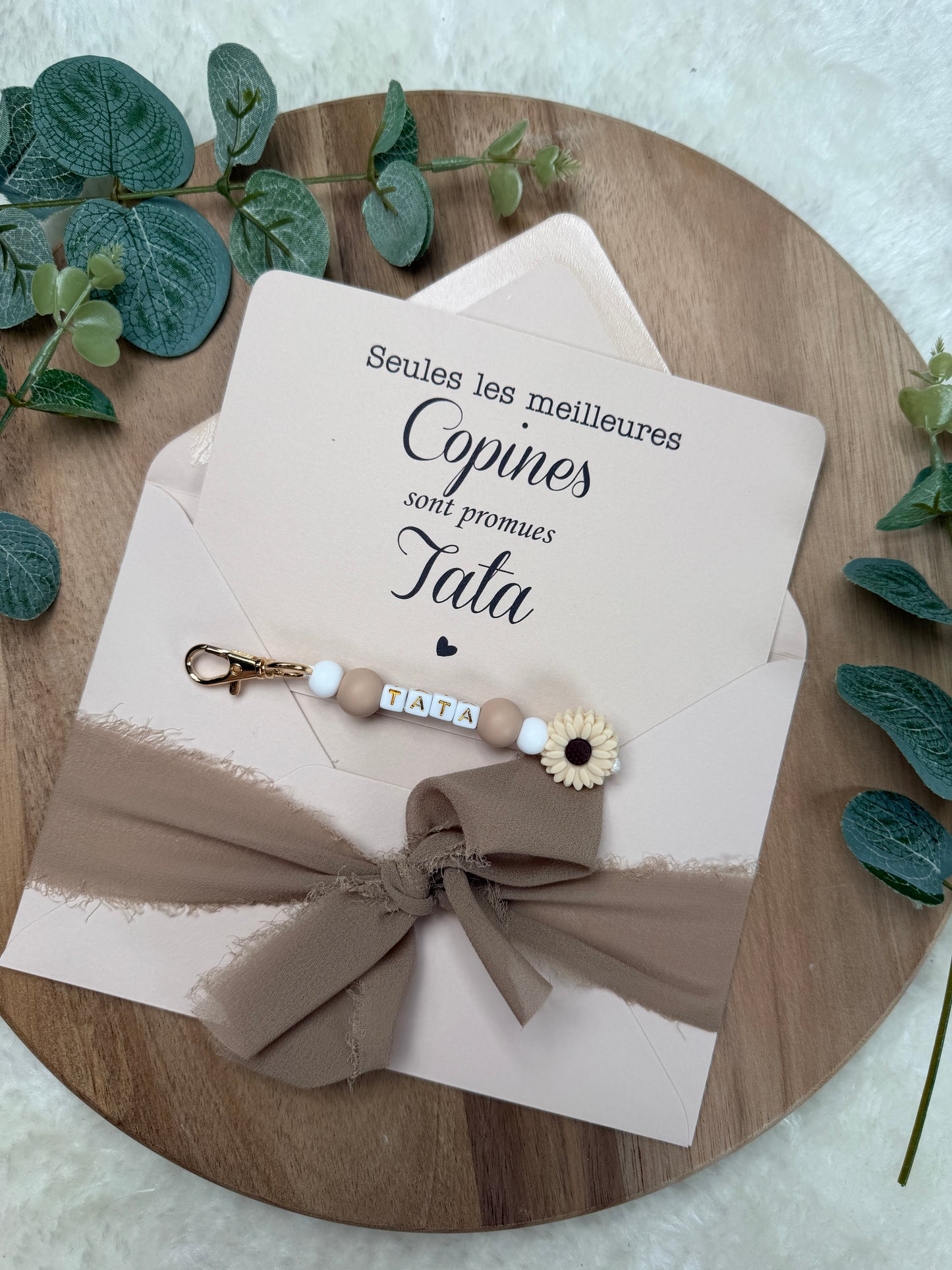 Annonce grossesse carte porte clé perle tata marron