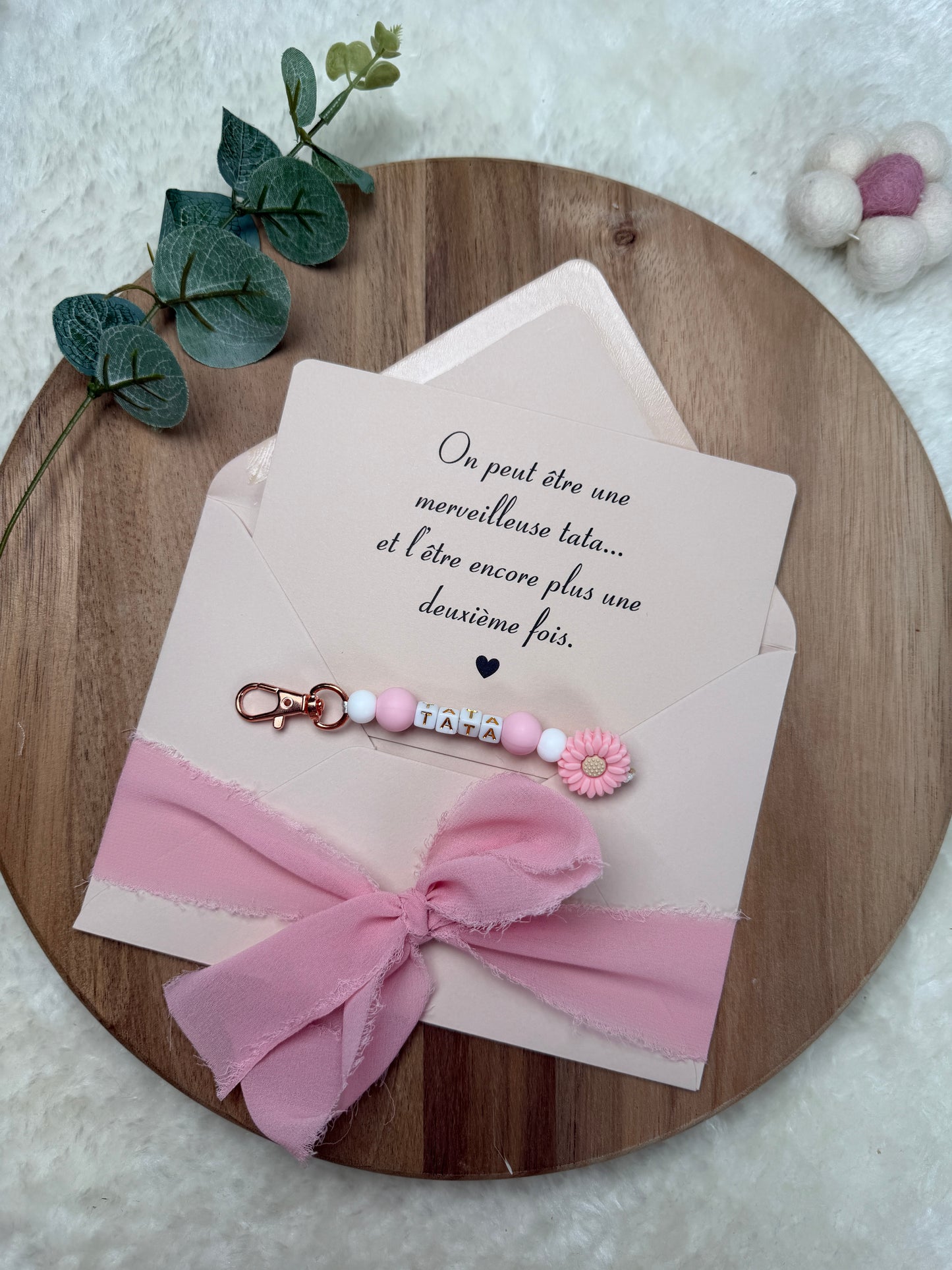 Annonce grossesse carte porte clé perle tata rose