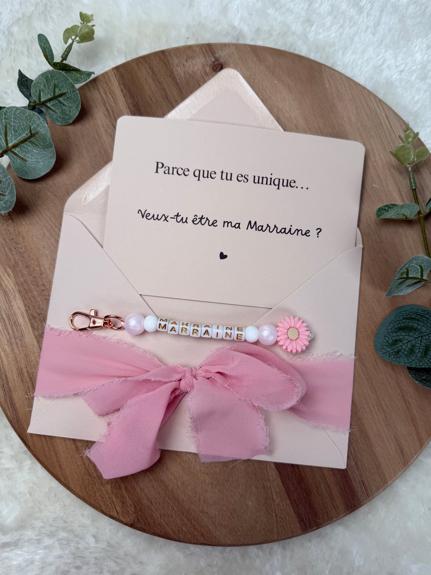 Annonce grossesse, demande marraine, rose baptême, carte et porte clé en perles