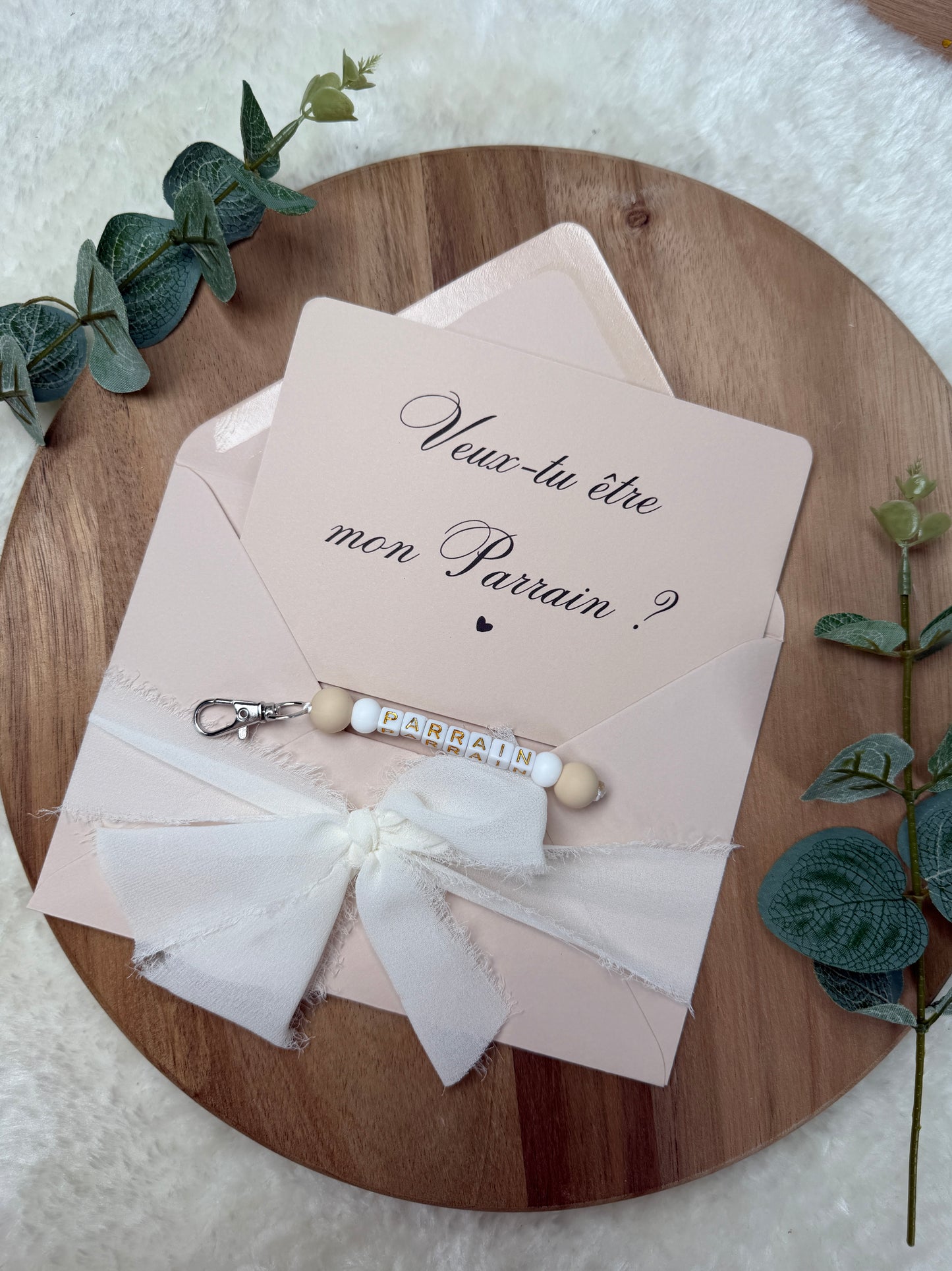 Annonce grossesse carte porte-clés parrain beige
