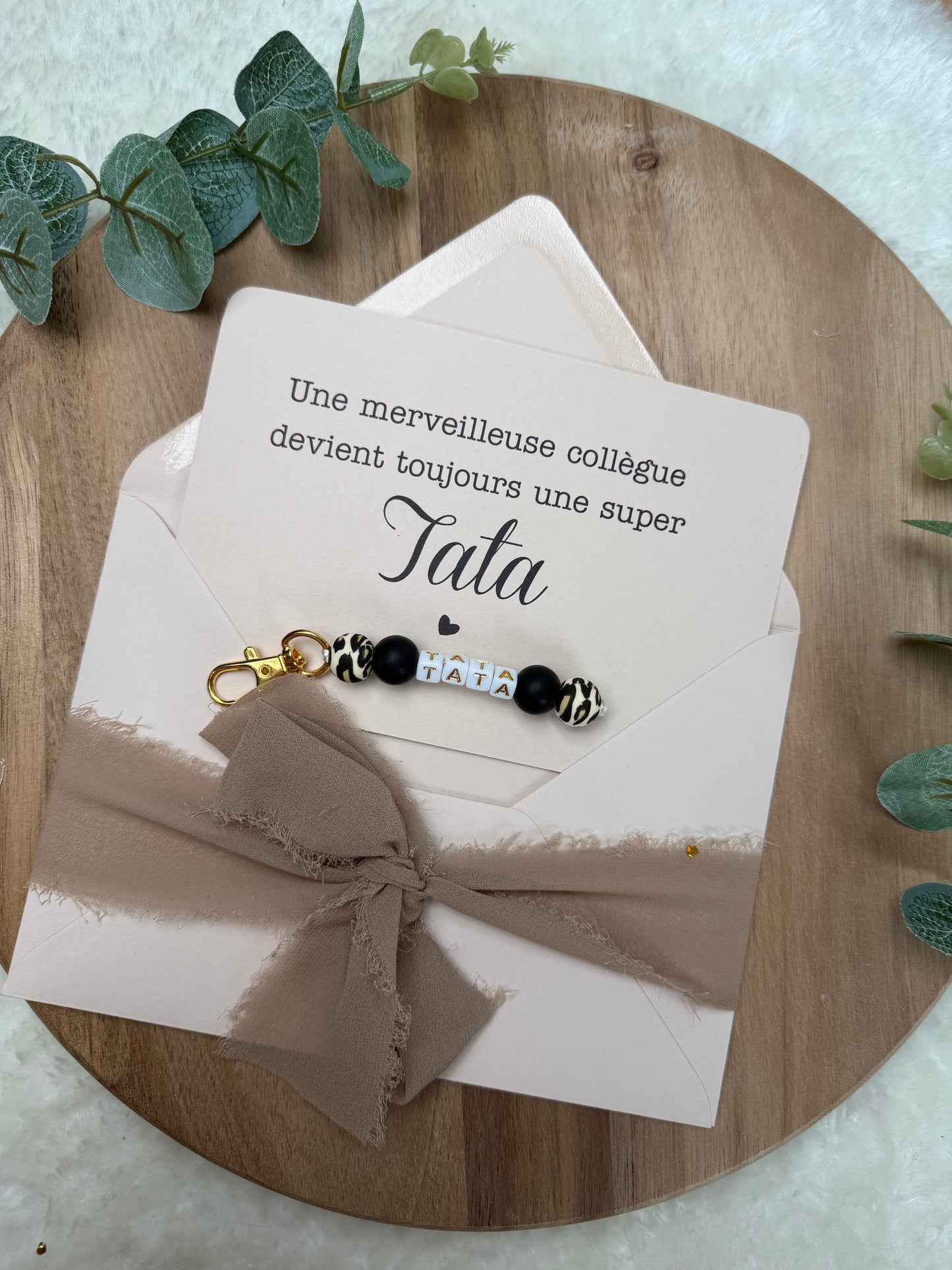 Annonce grossesse carte porte clé perle tata léopard