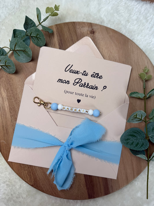 Annonce grossesse carte porte-clés parrain bleu ciel