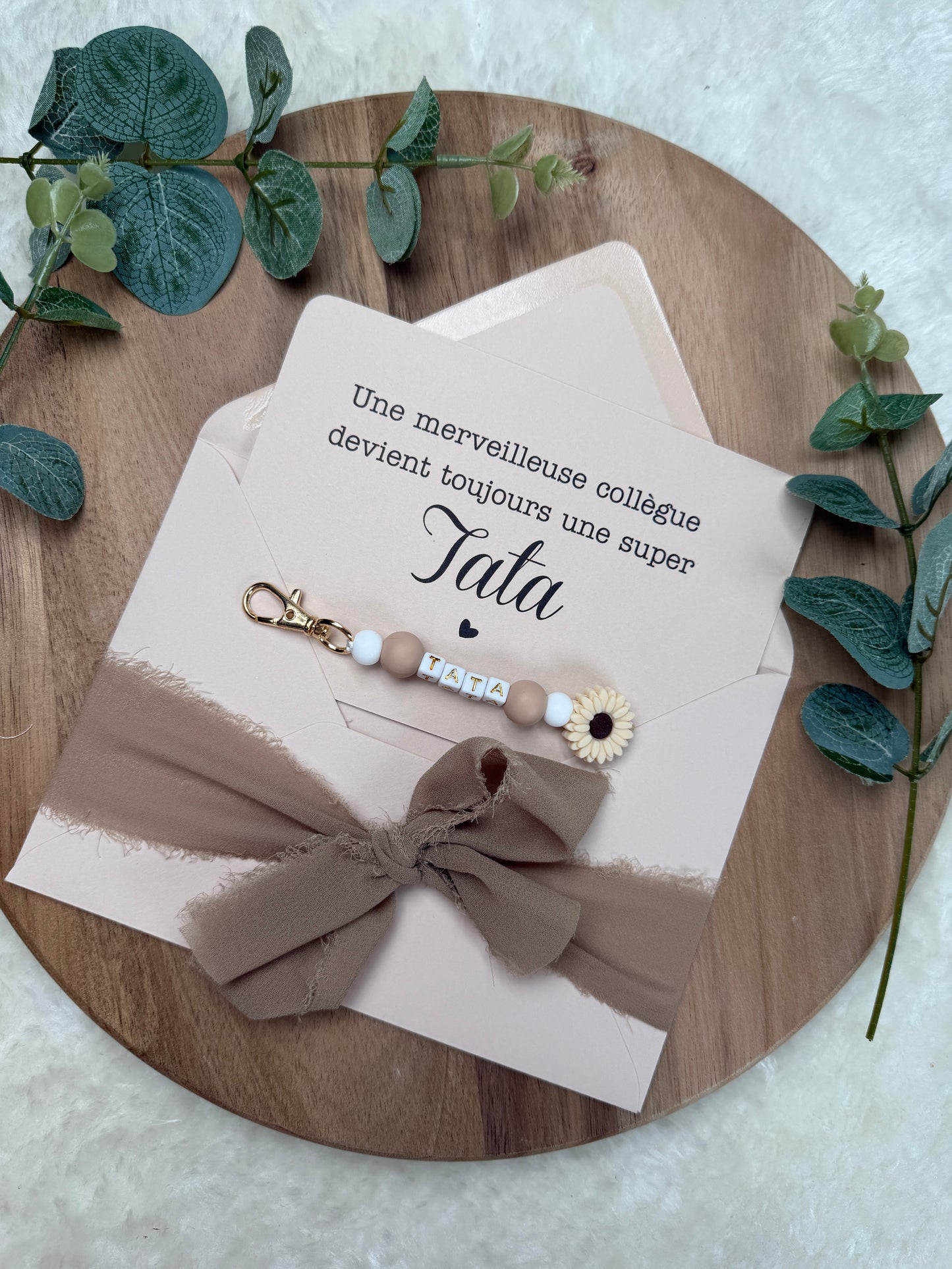 Annonce grossesse carte porte clé perle tata marron