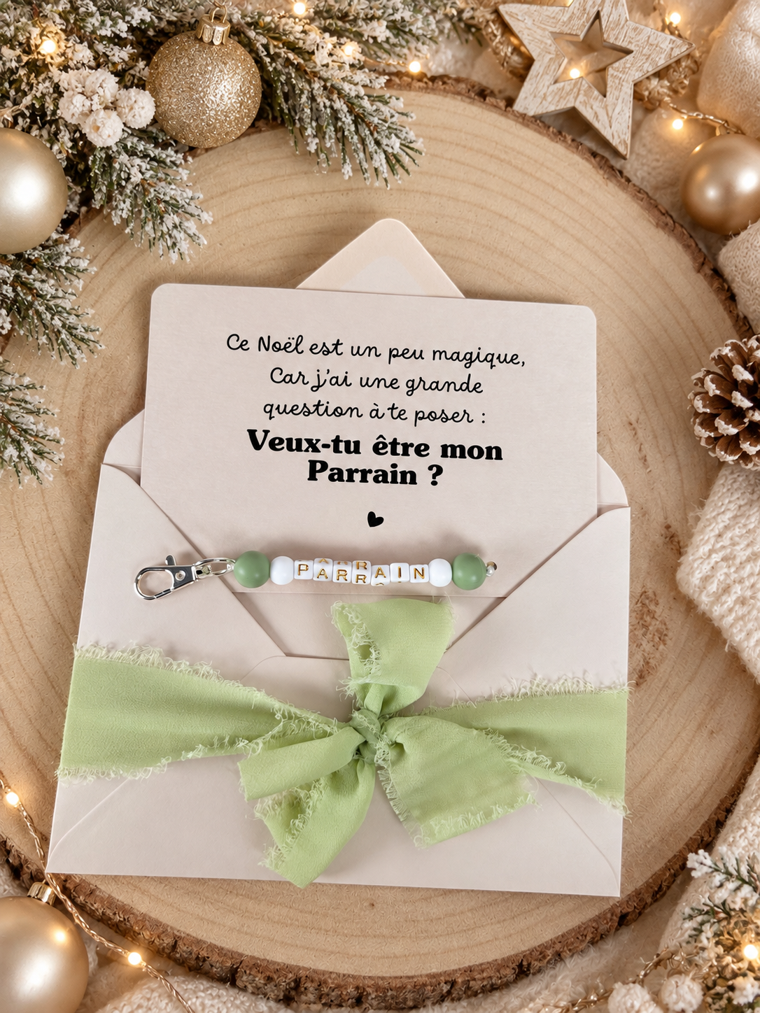 Annonce grossesse, demande parrain carte porte clé noel vert perle