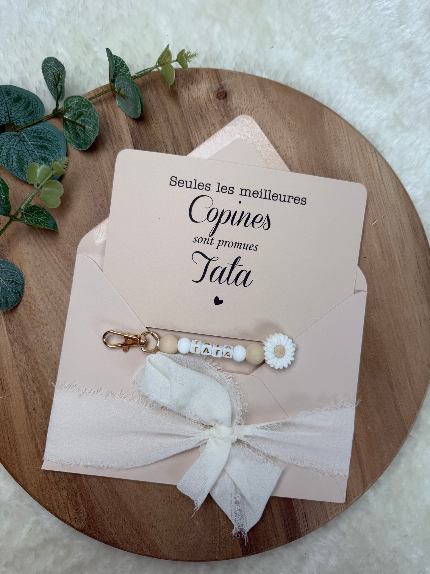 Annonce grossesse carte porte clé perle tata beige