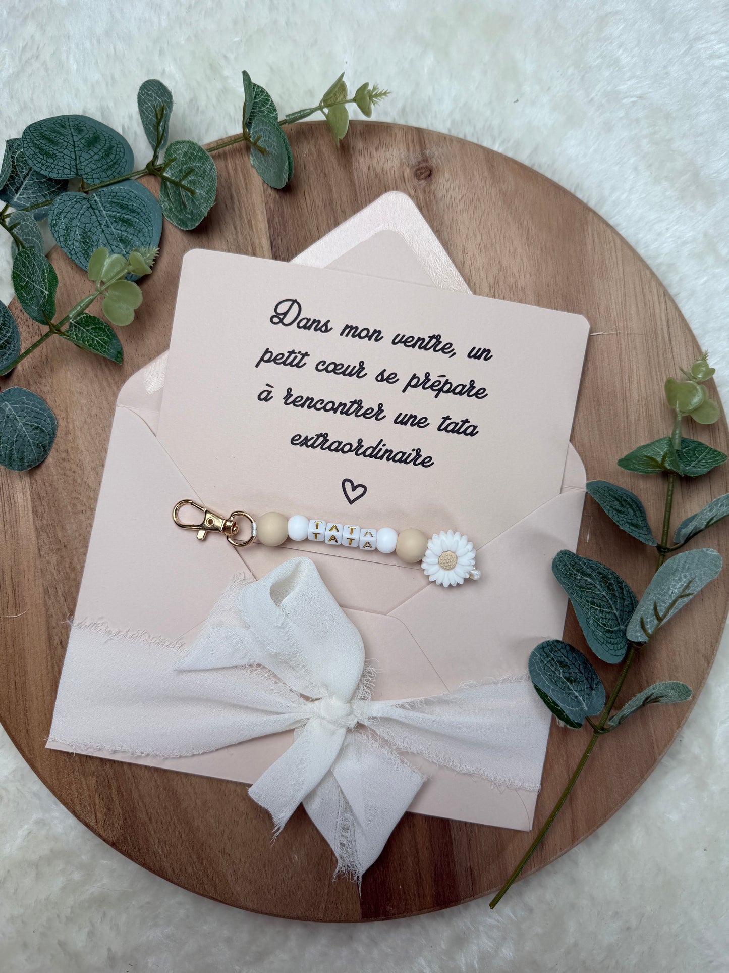 Annonce grossesse carte porte clé perle tata beige